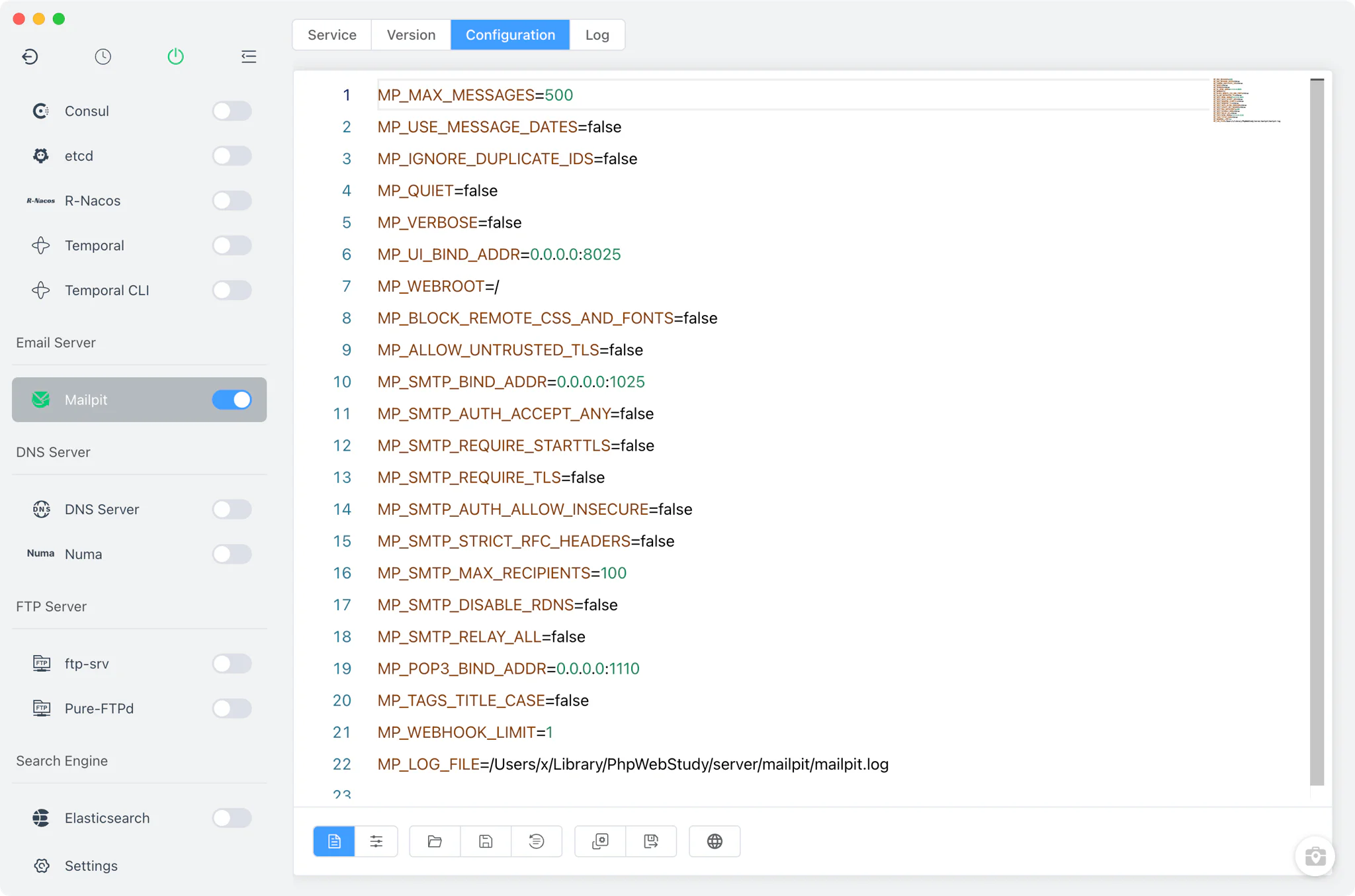 Mailpit config file with the visual MP_* settings form