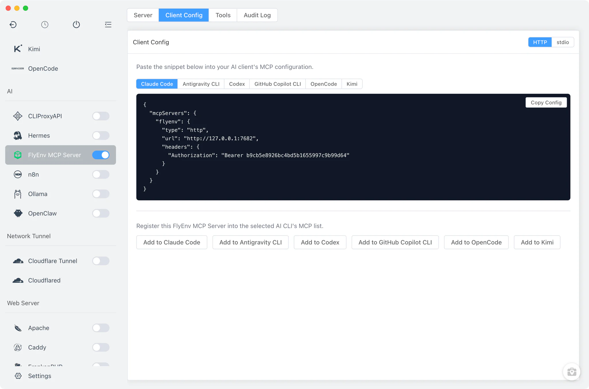 Client Config tab with one-click registration for six CLIs