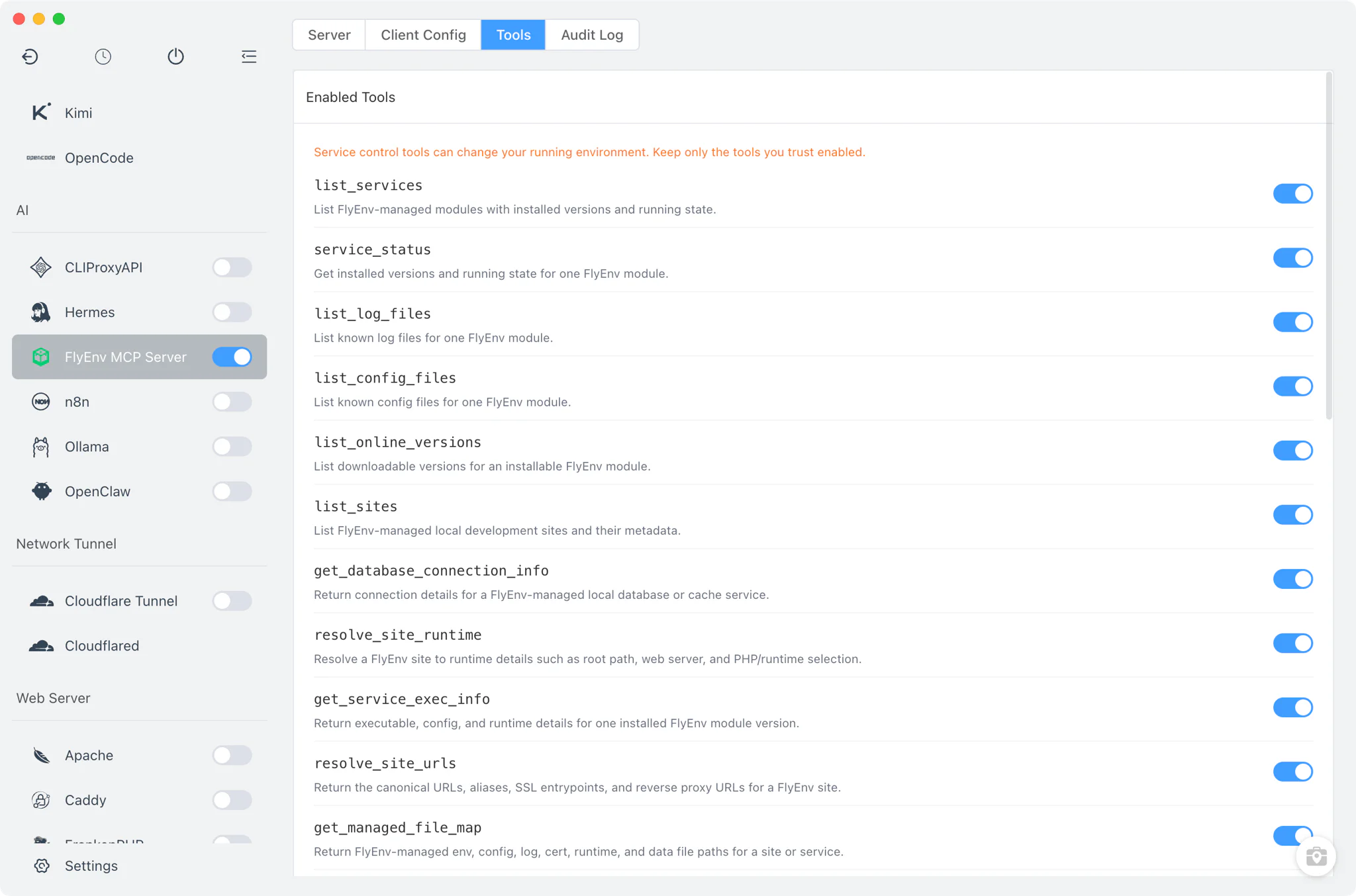 Tools tab with per-tool switches and approval policies