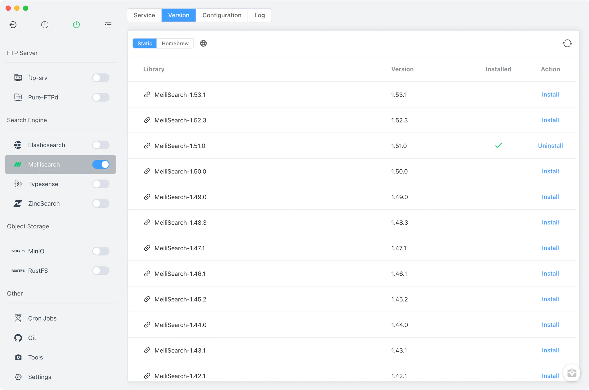 Meilisearch Version Manager with install sources