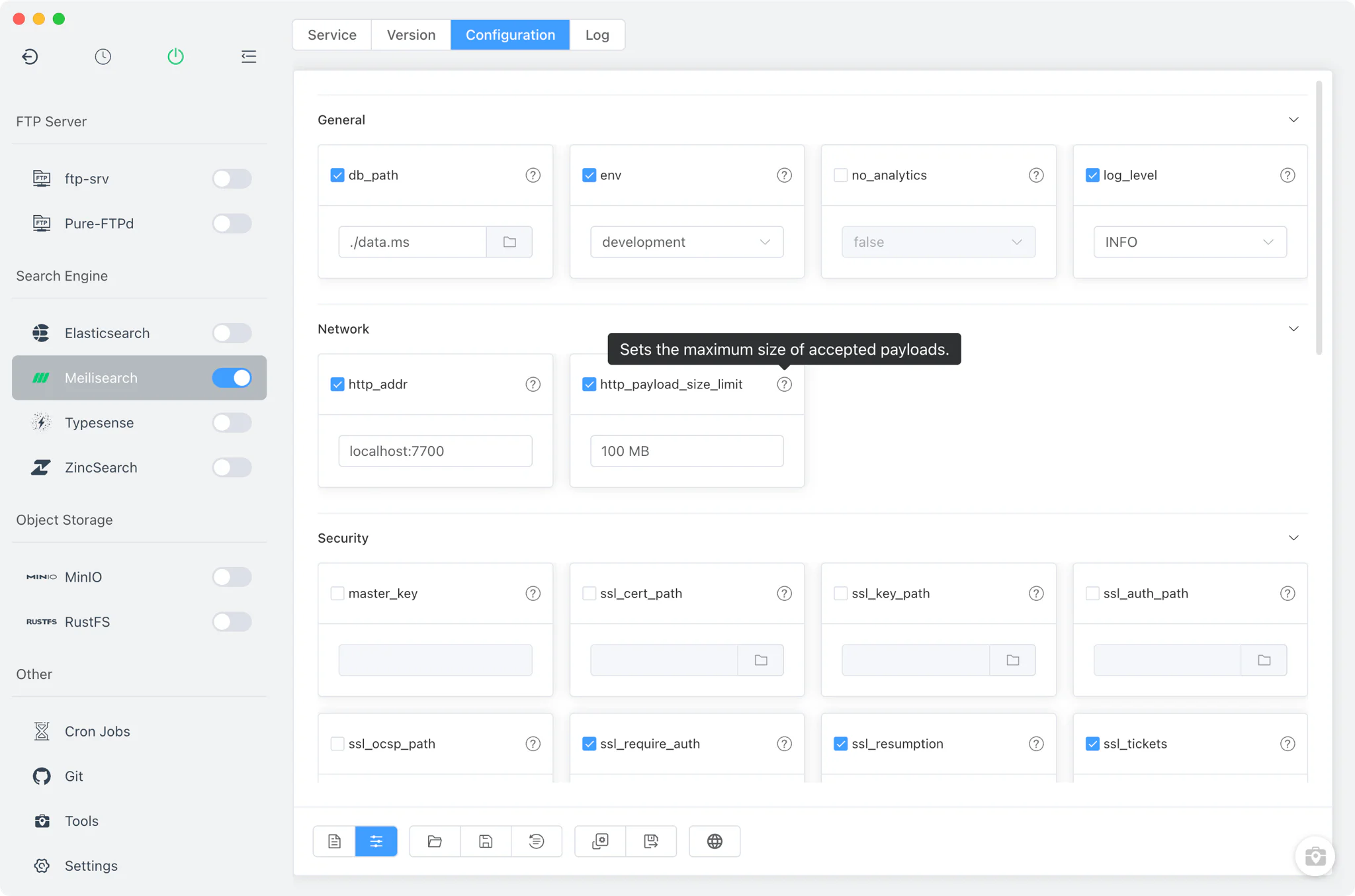 Meilisearch visual config form mapped to meilisearch.toml