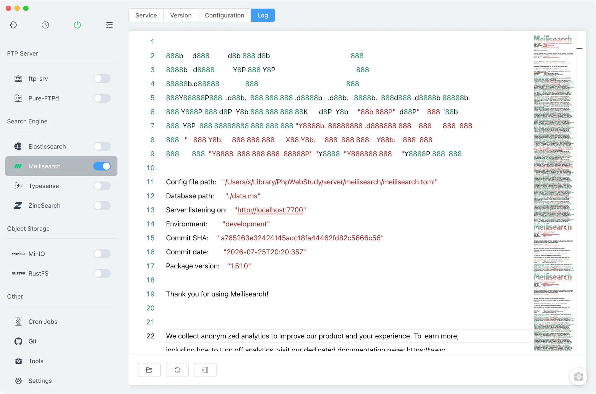 Meilisearch start-error log viewer