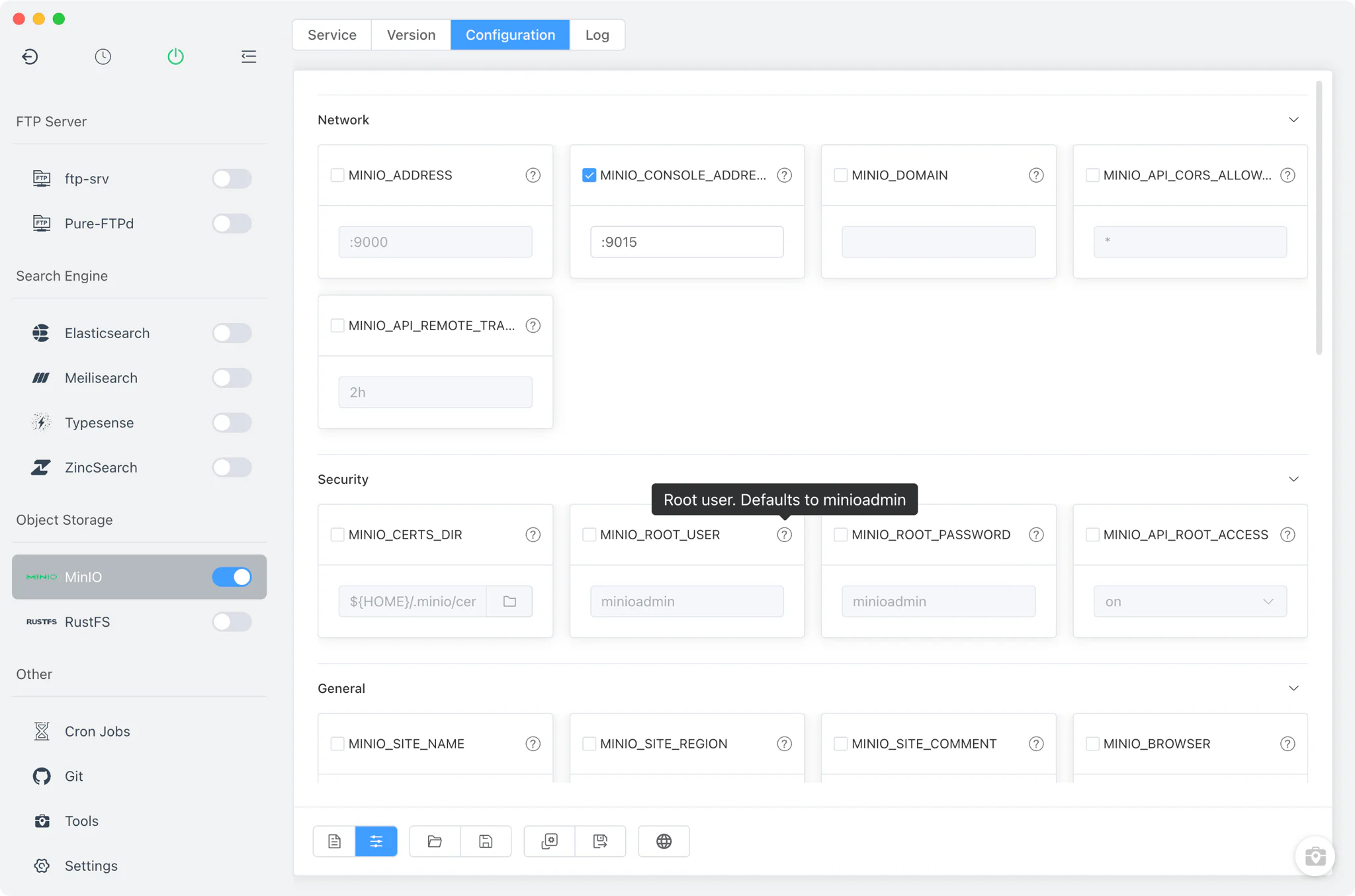 MinIO config file with Common Settings form