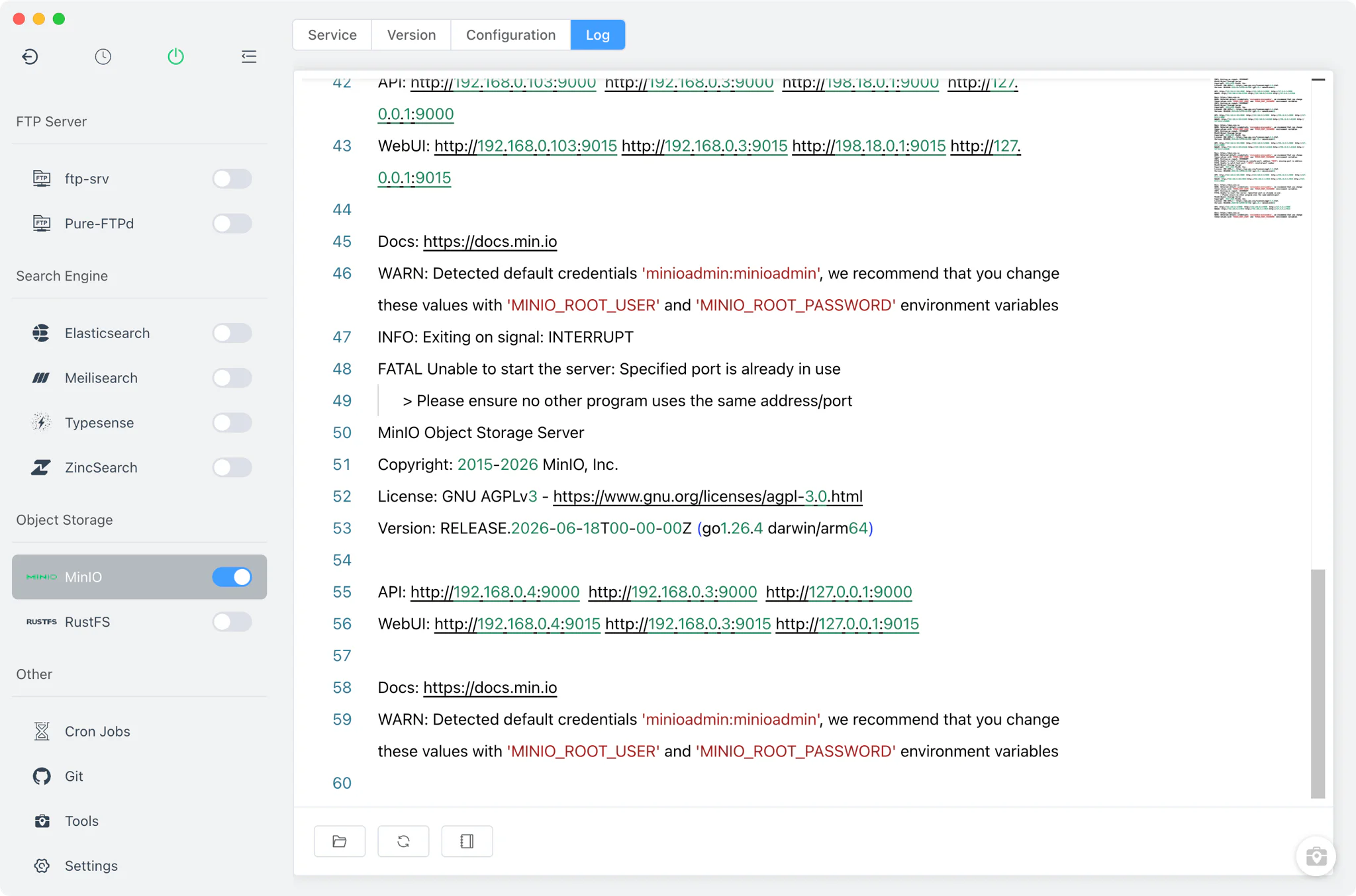 MinIO per-version log viewer