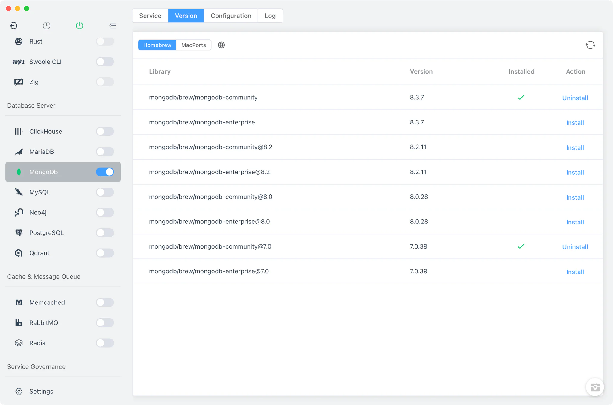 MongoDB Version Manager with Homebrew and MacPorts sources