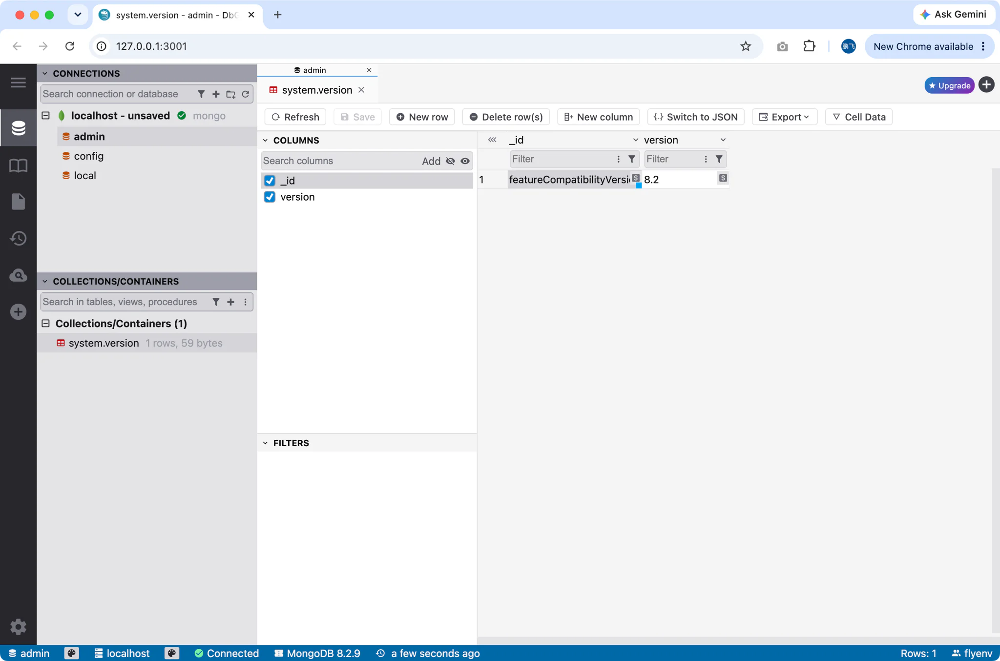 DbGate web UI opened from the MongoDB module