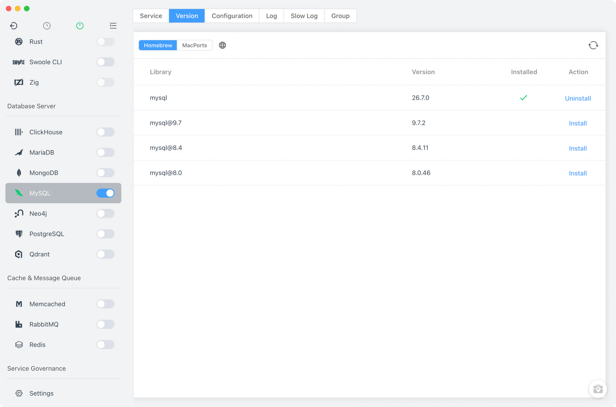 MySQL Version Manager with install sources