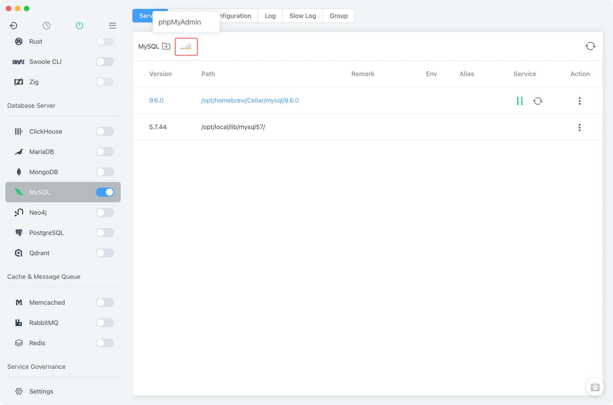 Setting up phpMyAdmin from the MySQL module