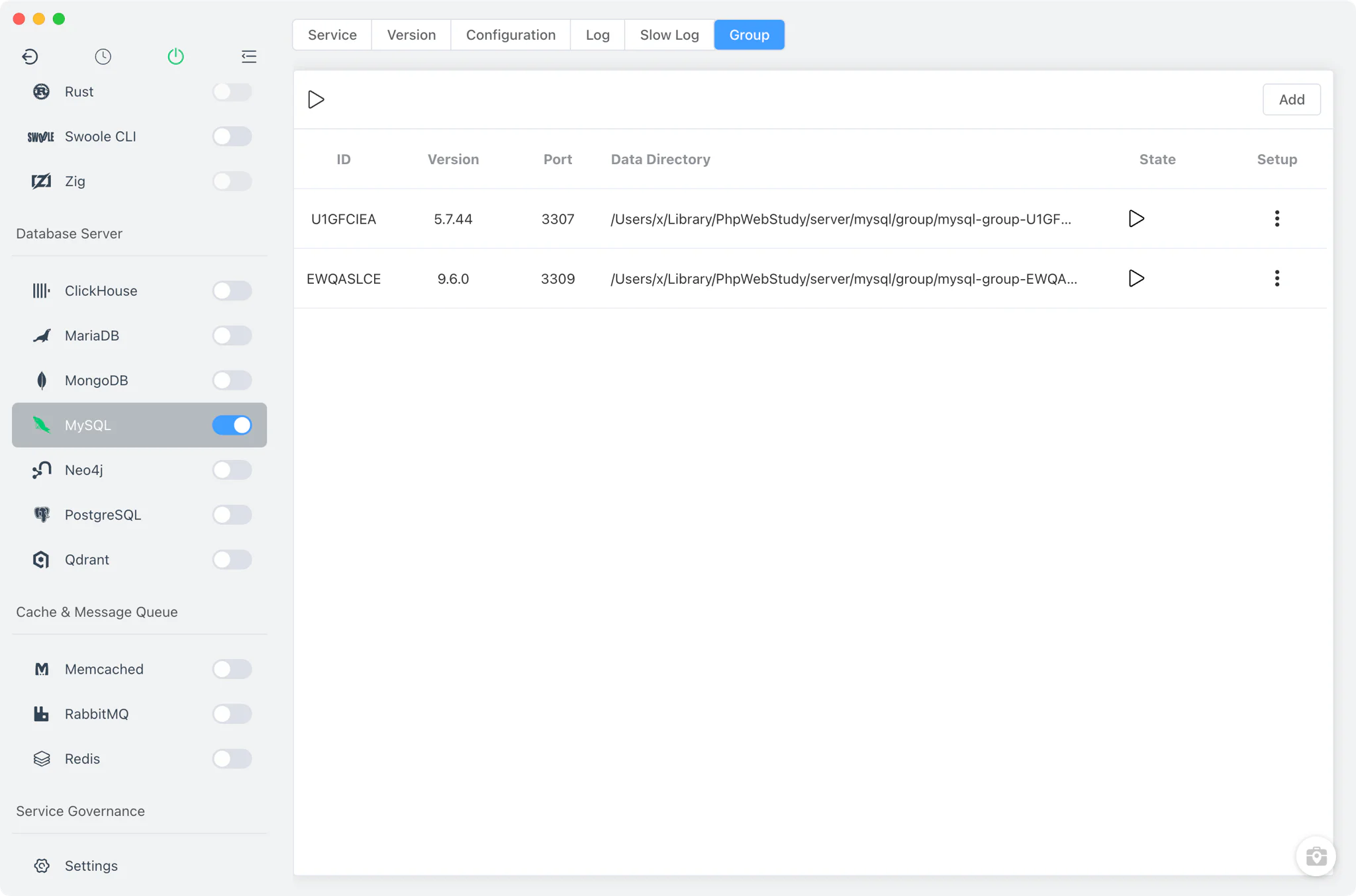 MySQL Group tab with multiple concurrent instances
