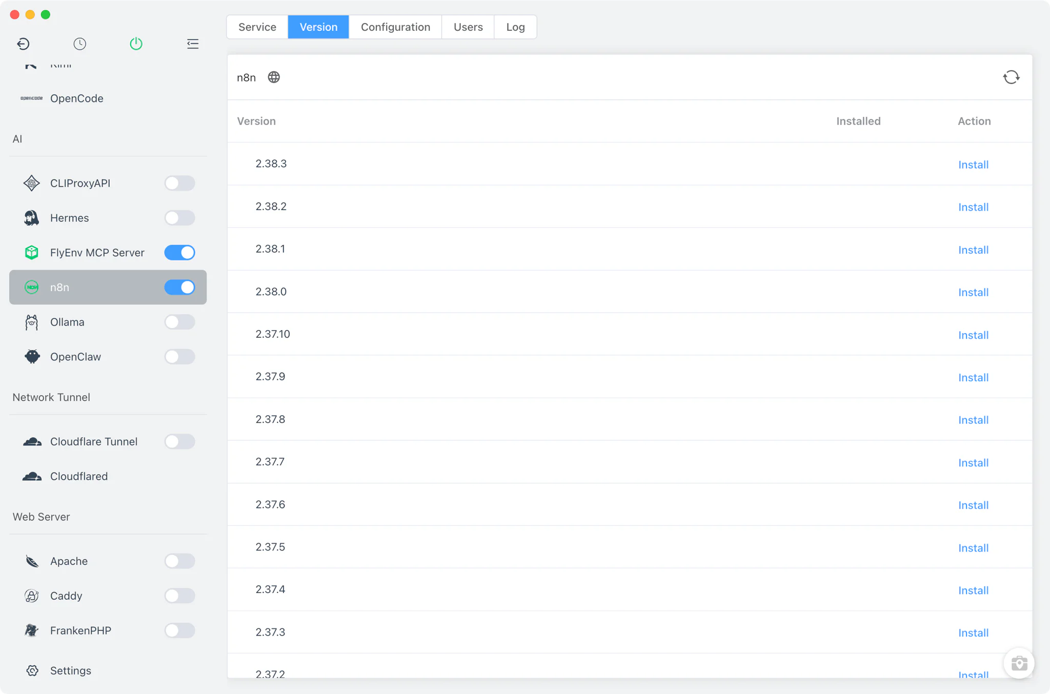 n8n Version Manager listing releases from the npm registry