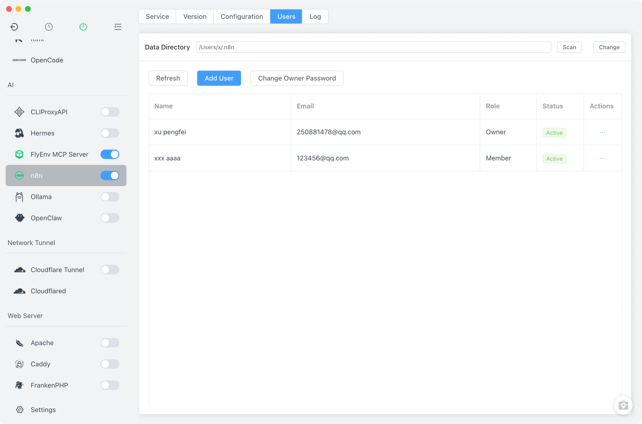 n8n Users tab listing accounts from the SQLite database
