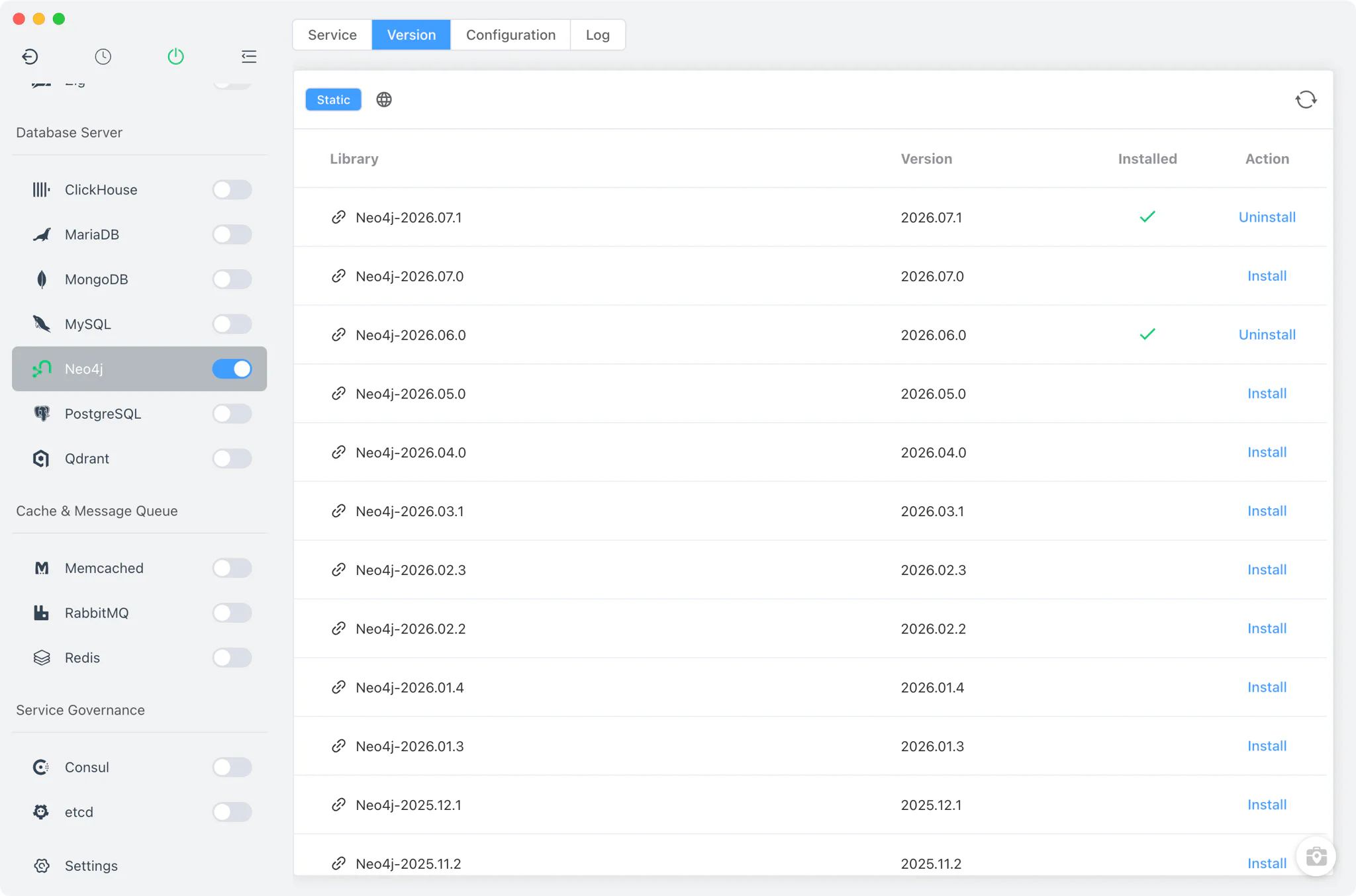Neo4j Version Manager with the static online list