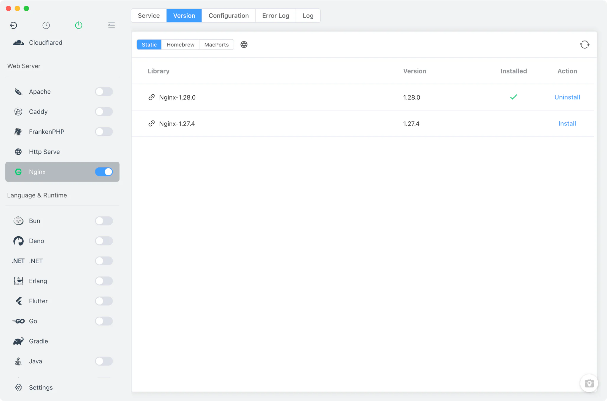 Nginx Version Manager with install sources