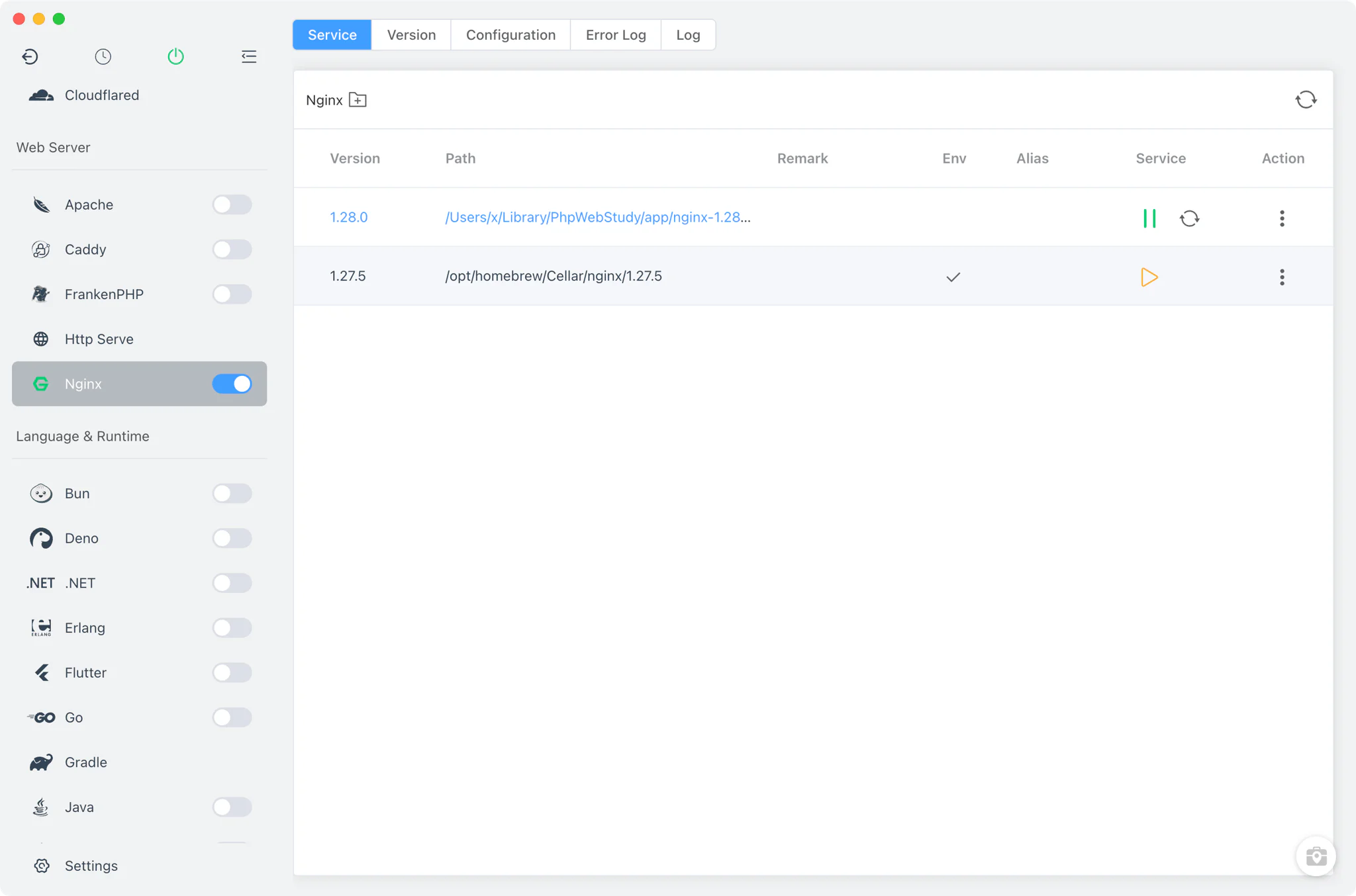 Nginx service table with start and stop controls