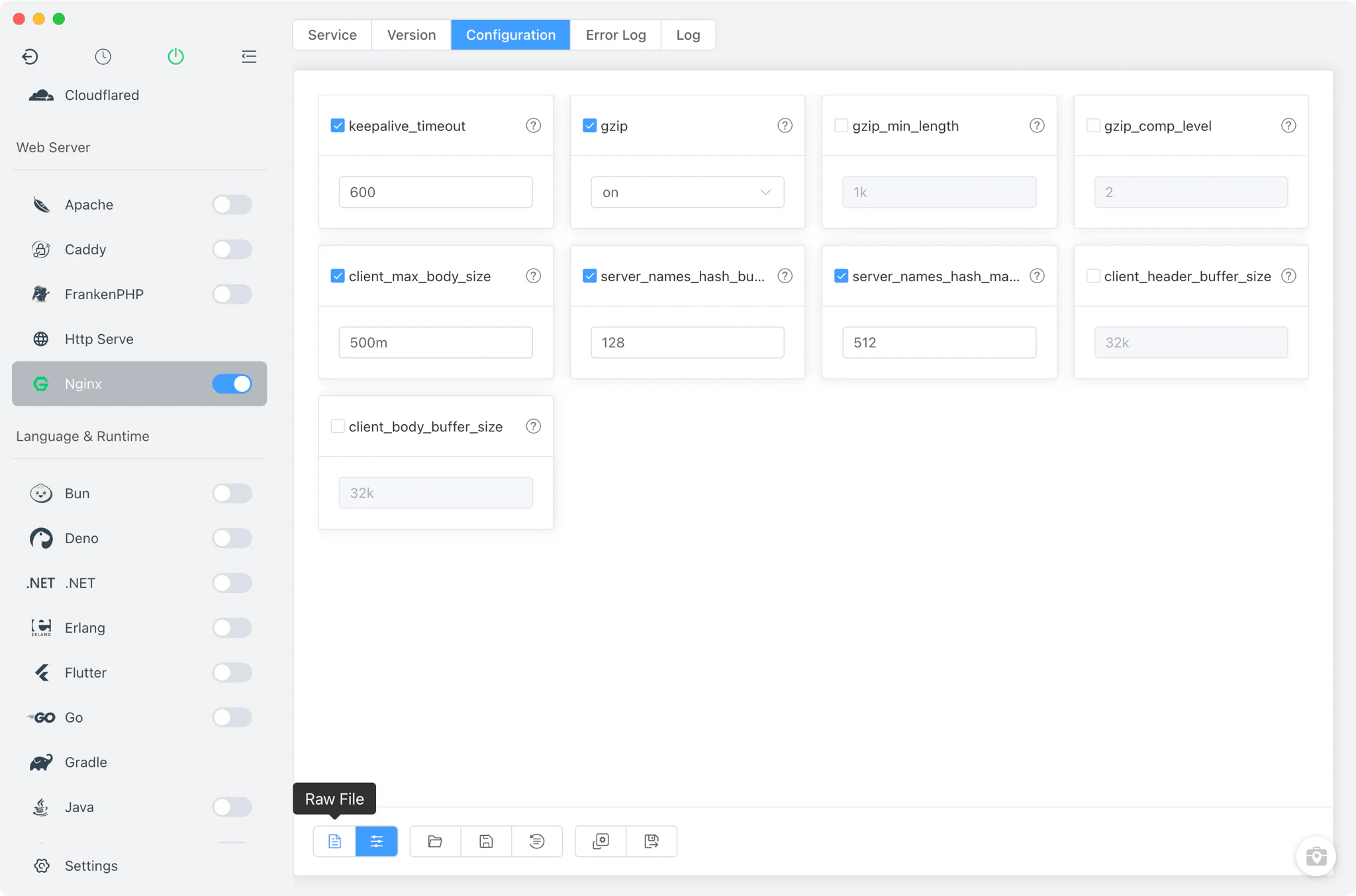 Editing nginx.conf with the common settings form