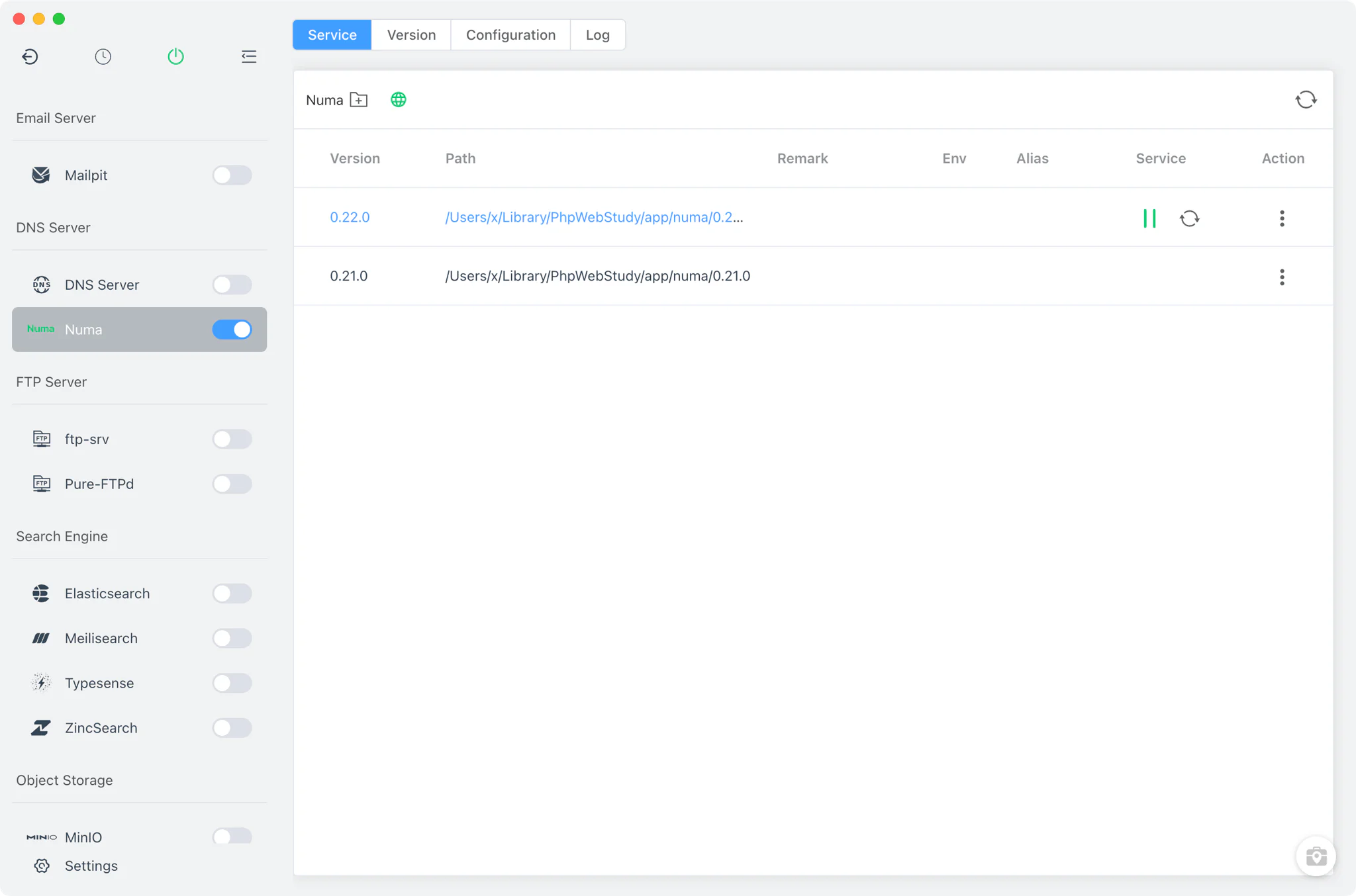 FlyEnv Numa module overview with service controls