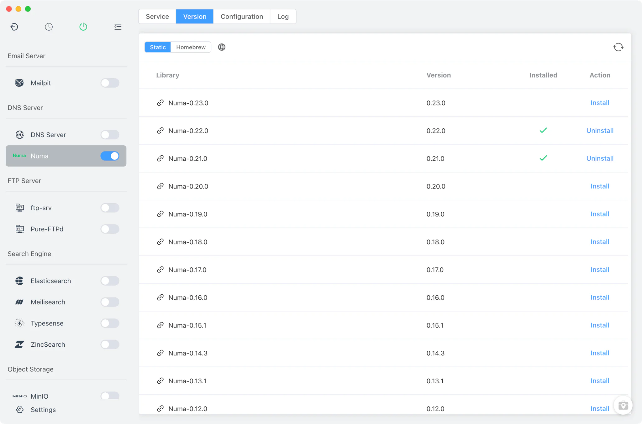 Numa Version Manager with static and Homebrew sources