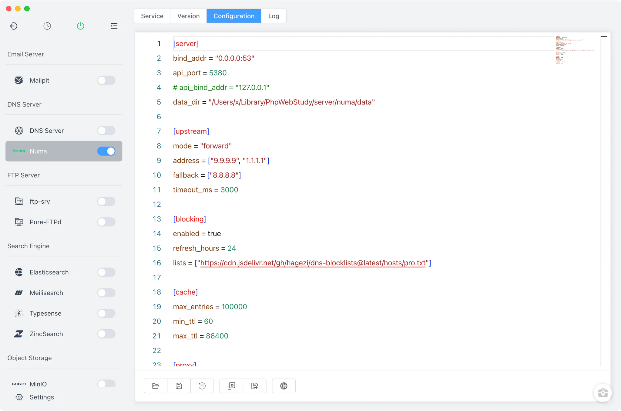 Editing numa.toml in the raw TOML config editor