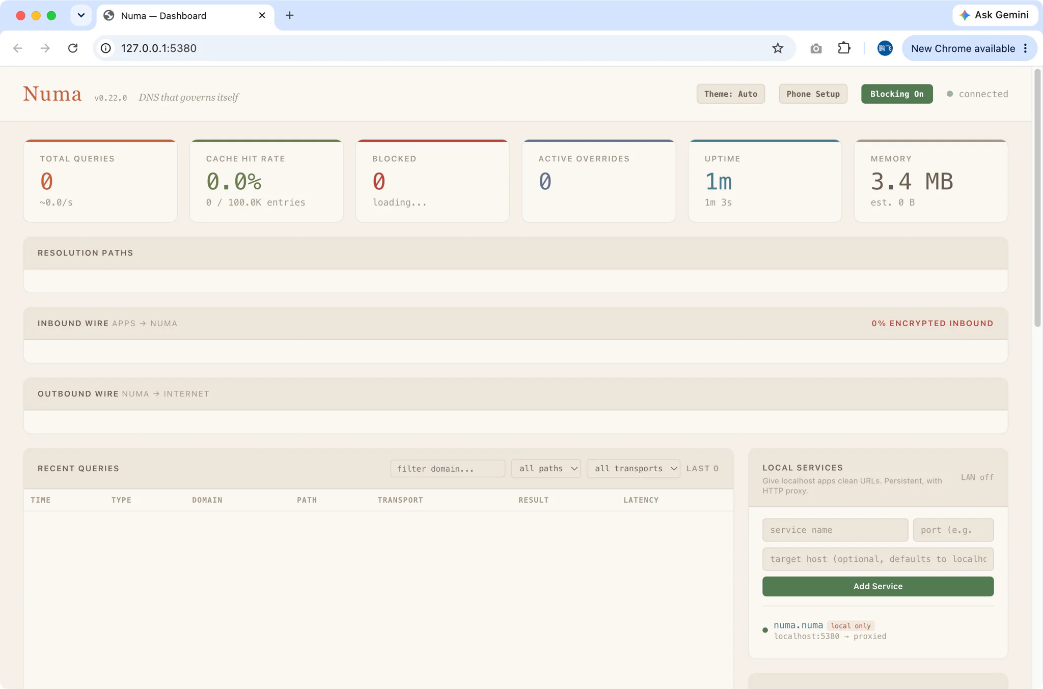 Numa web UI opened in the browser on port 5380