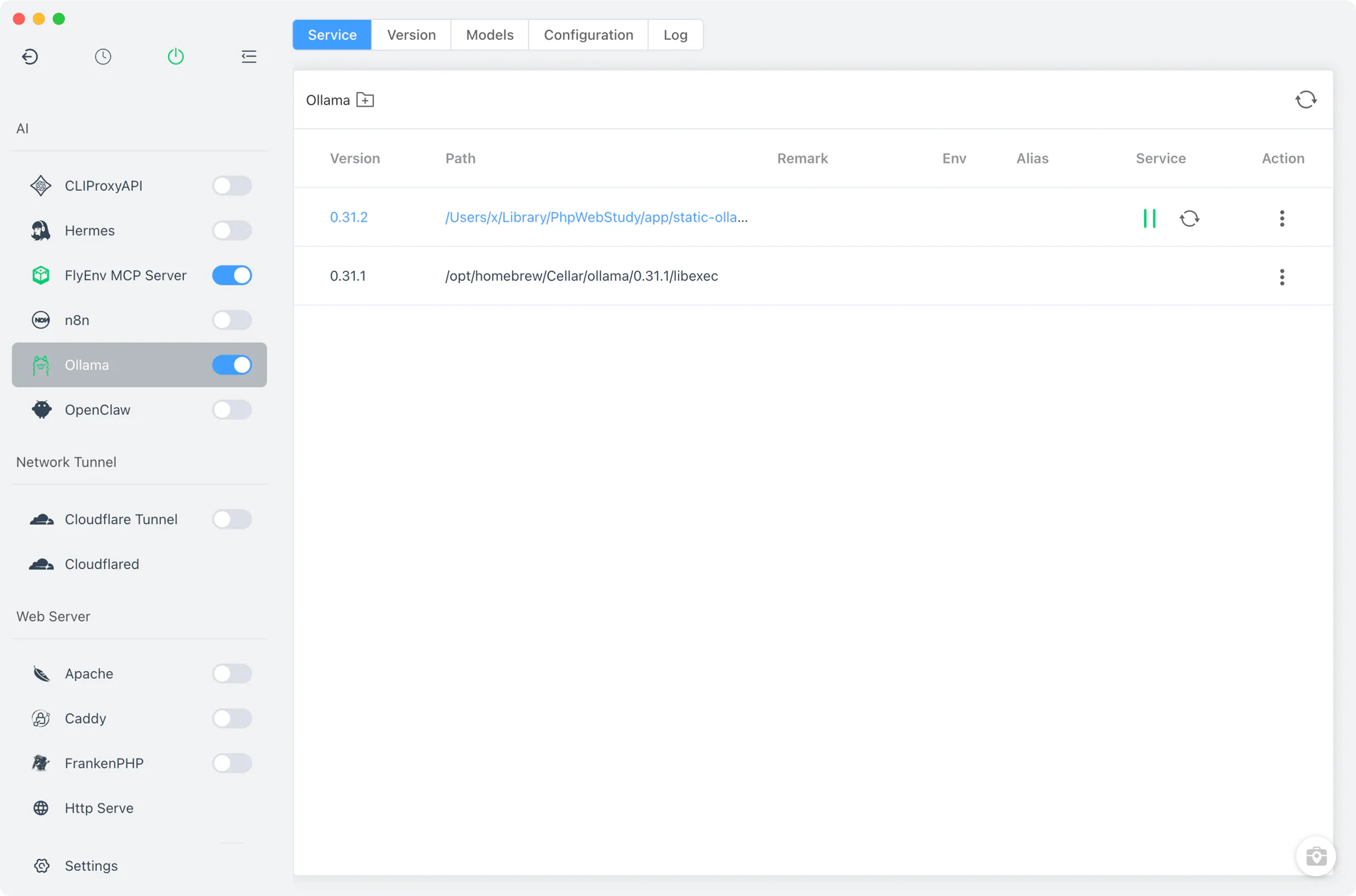 FlyEnv Ollama module overview with service controls