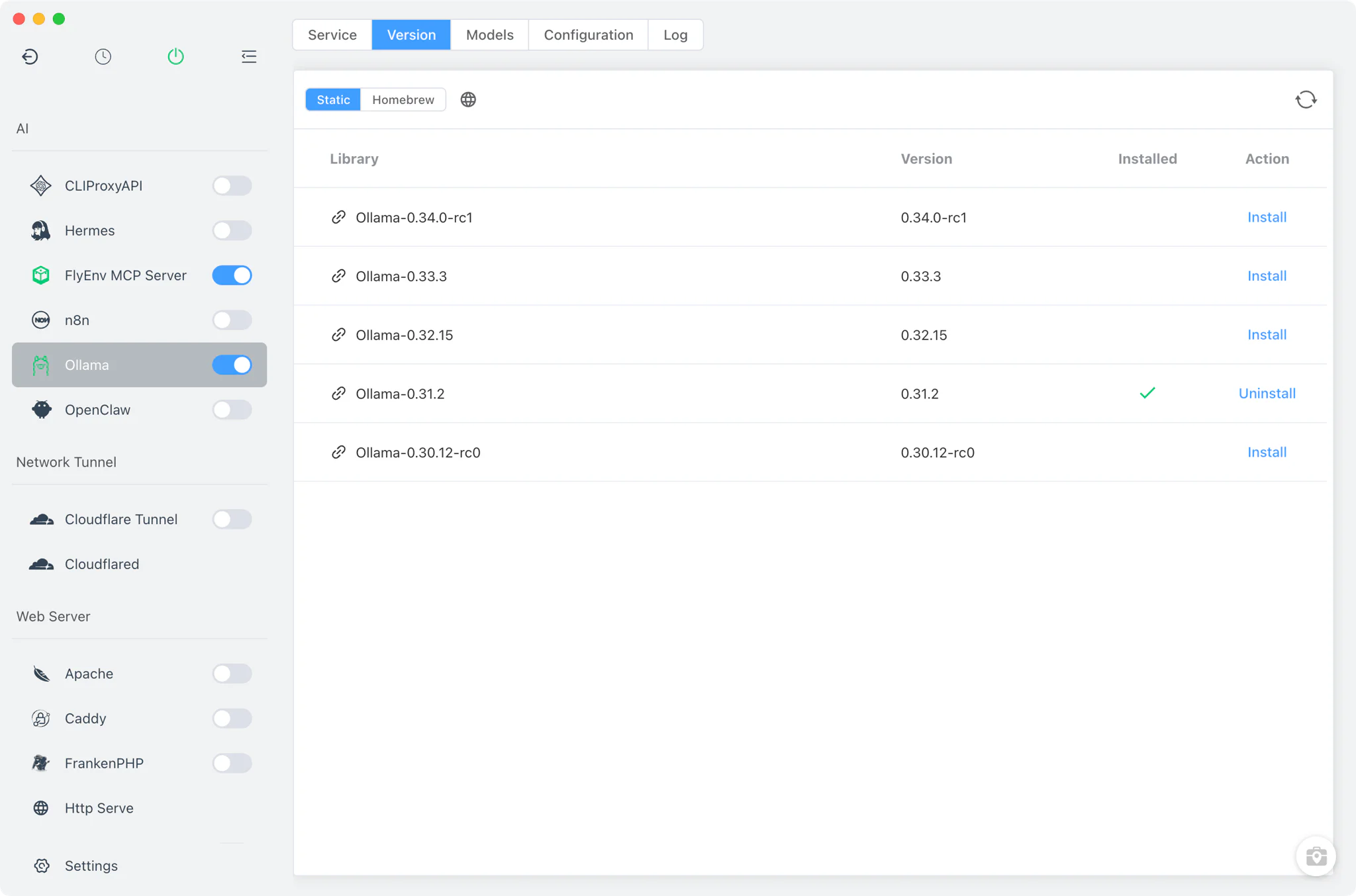 Ollama Version Manager with static and Homebrew sources