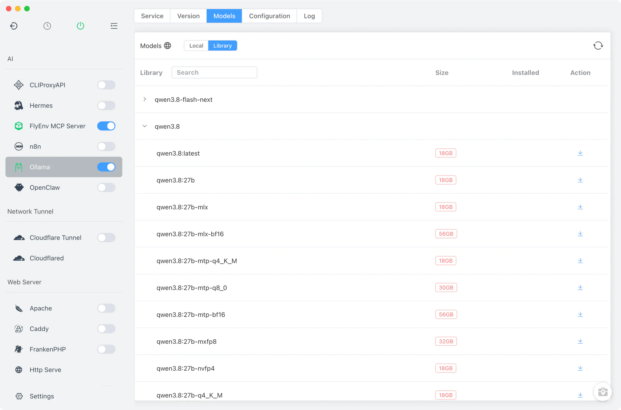 Ollama Model tab with local models and the online library