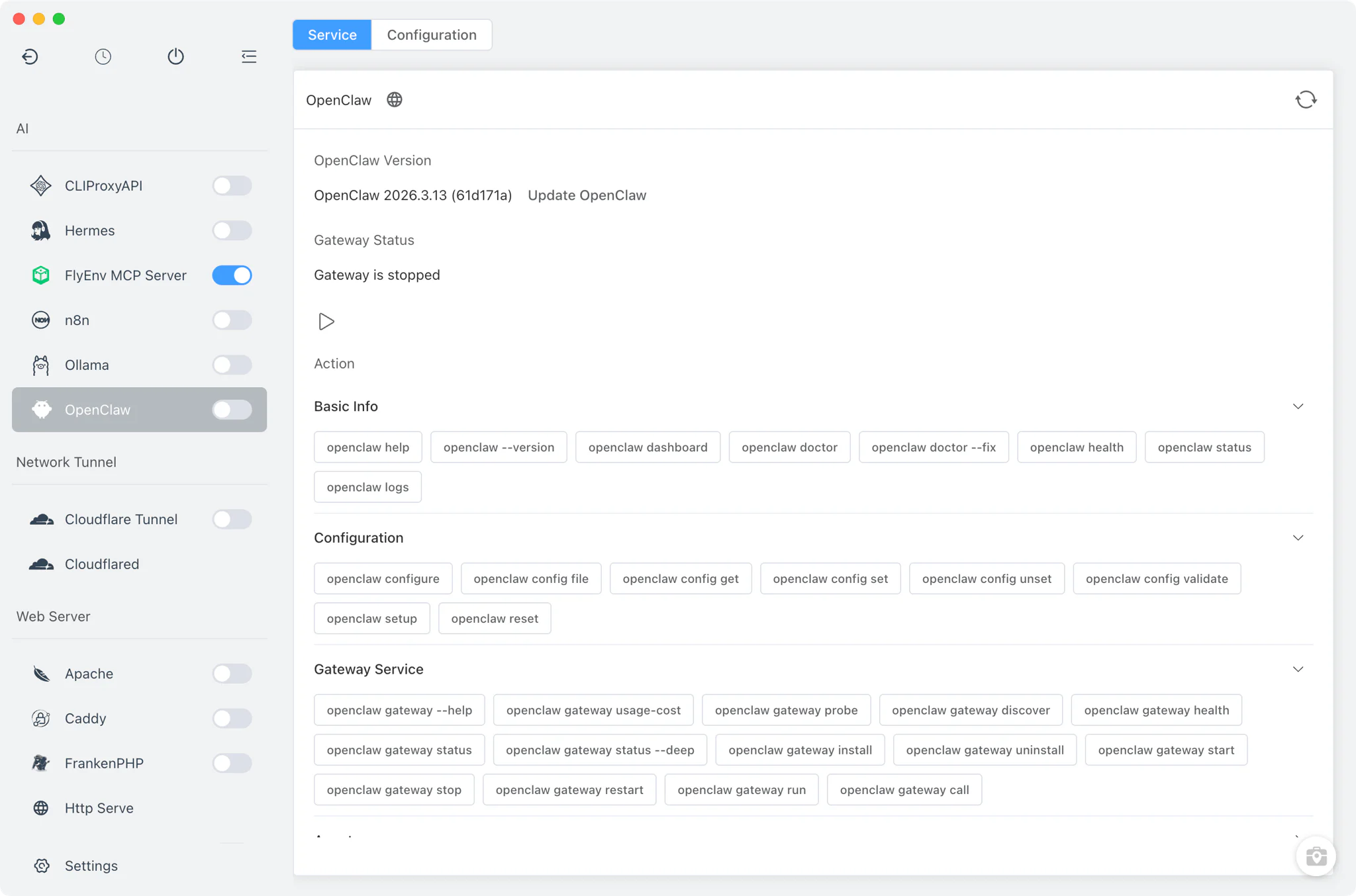 FlyEnv OpenClaw module showing the Service tab with gateway status