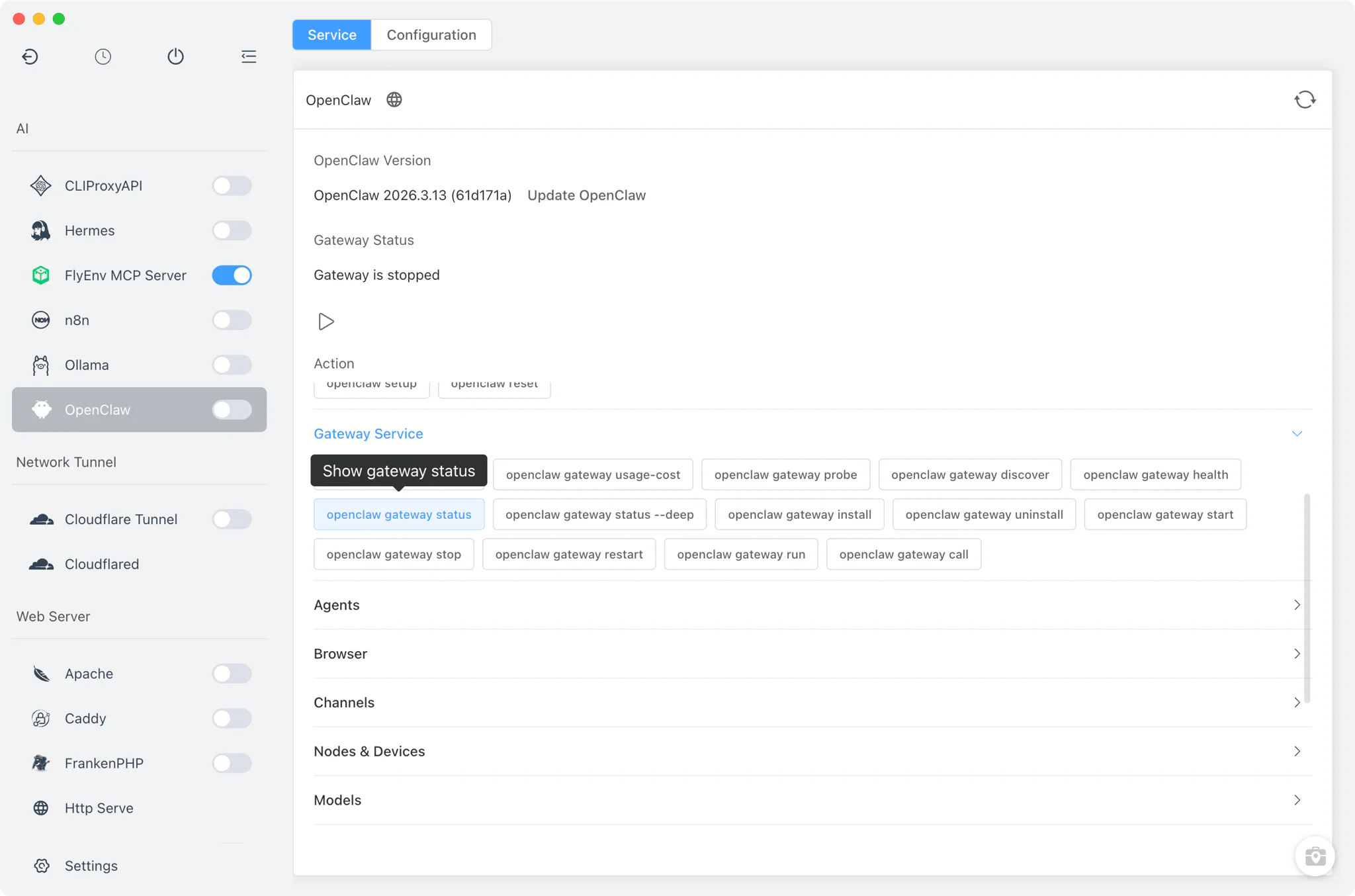 OpenClaw gateway controls with service status in FlyEnv