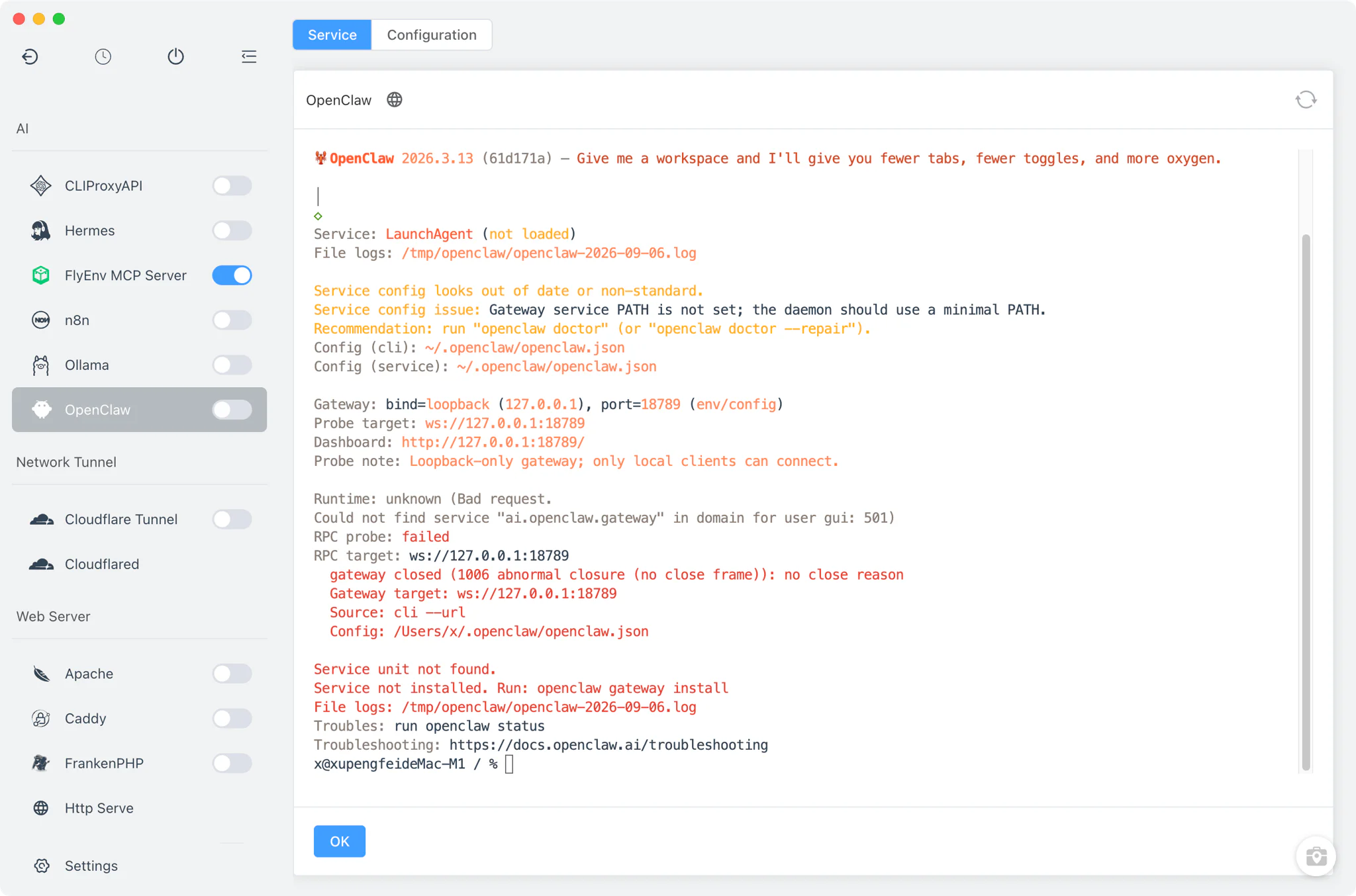 Categorized OpenClaw command palette in FlyEnv