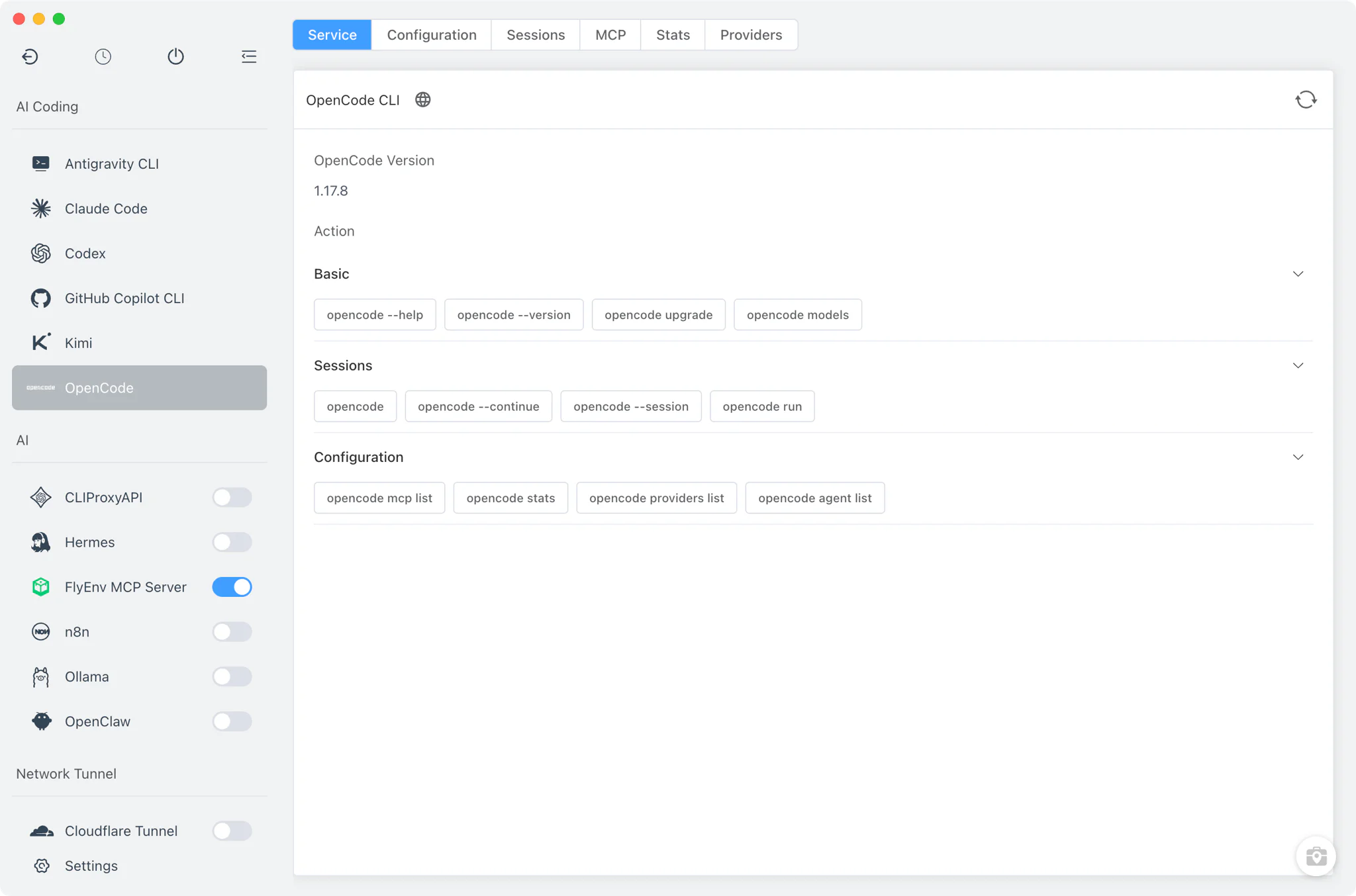 OpenCode module in FlyEnv with Service, Config File, Sessions, MCP, Stats and Providers tabs