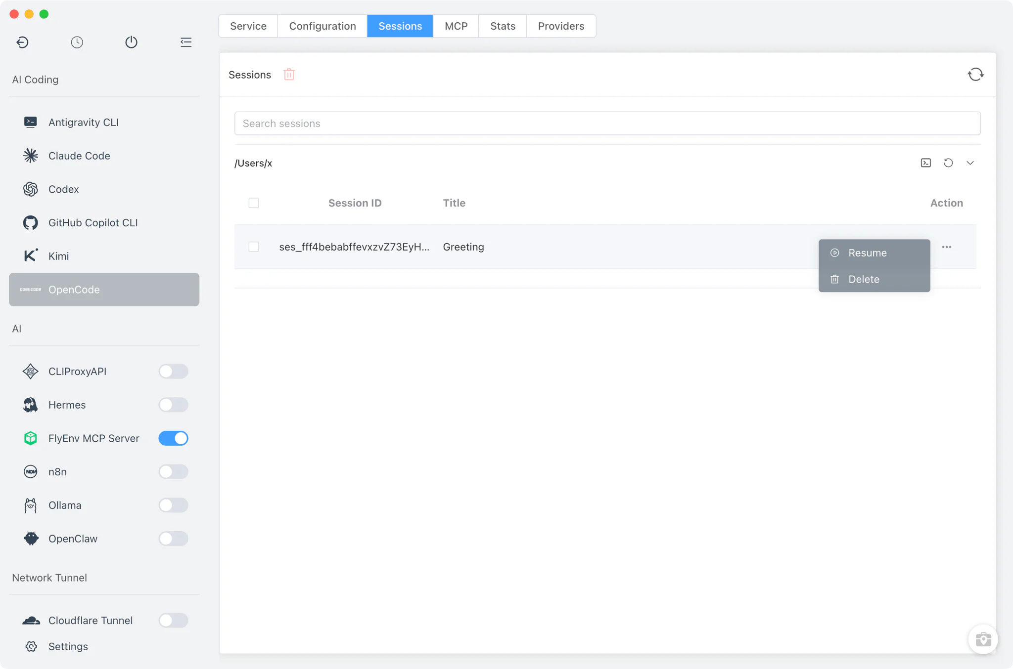 OpenCode Sessions tab grouped by working directory with resume and delete actions