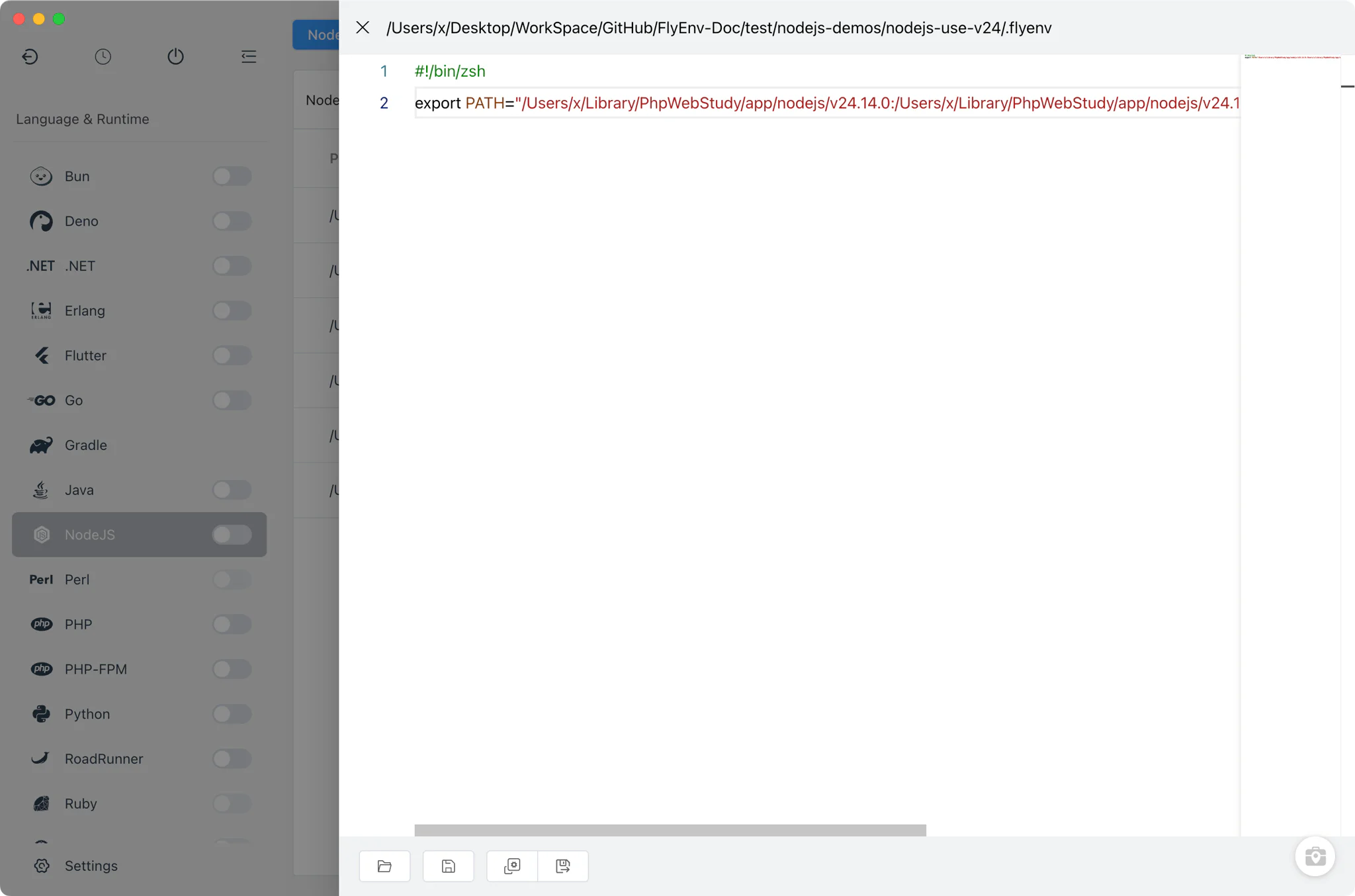 A .flyenv file written by FlyEnv with the tagged PATH export line