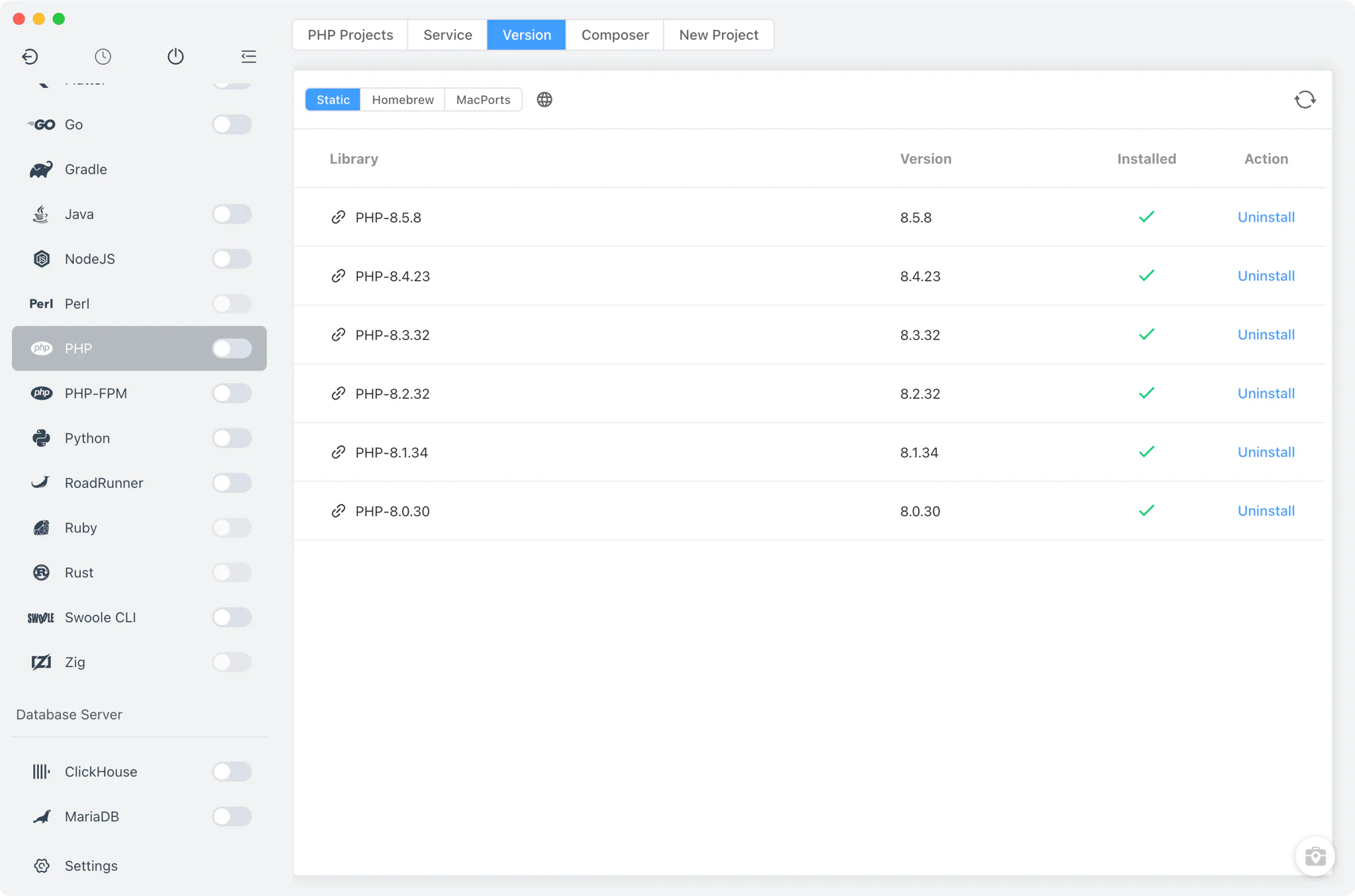 带有安装来源的 PHP 版本管理器