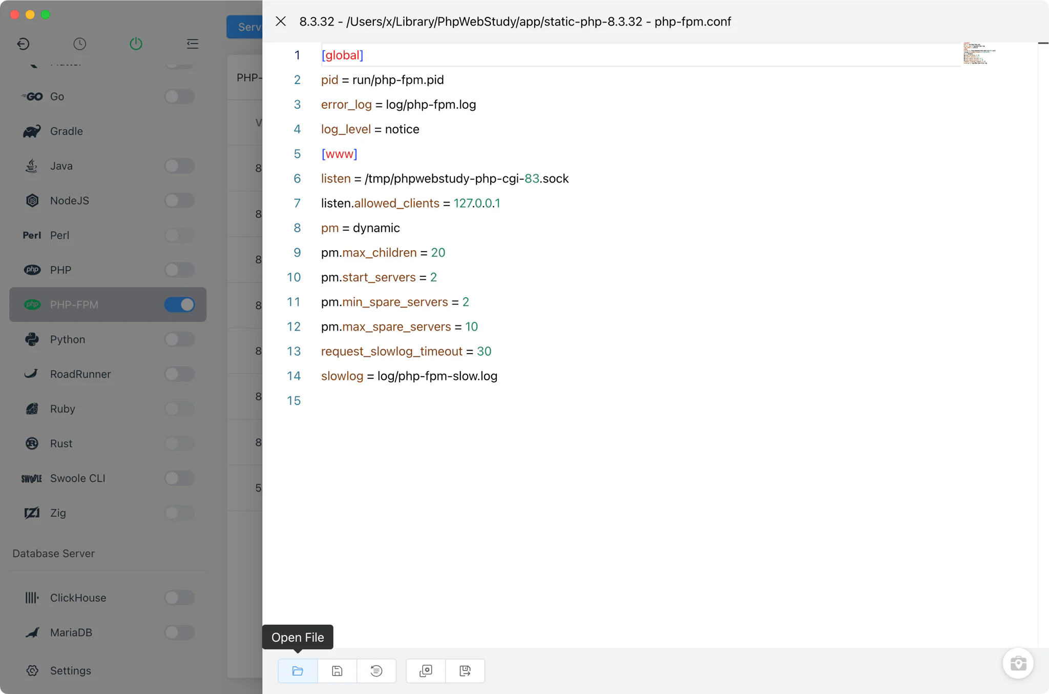 编辑某个 PHP 版本的 php-fpm.conf