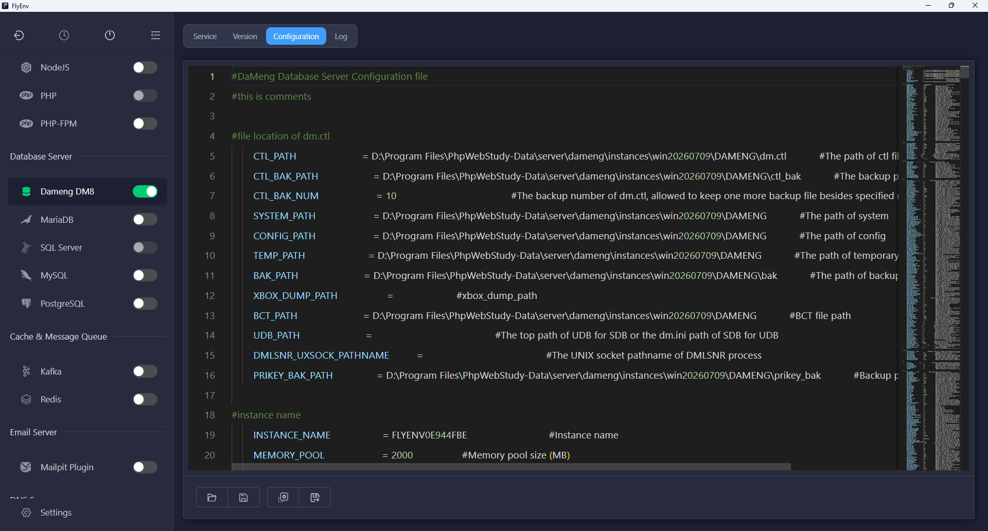 Dameng DM8 dm.ini editor showing instance configuration and data paths