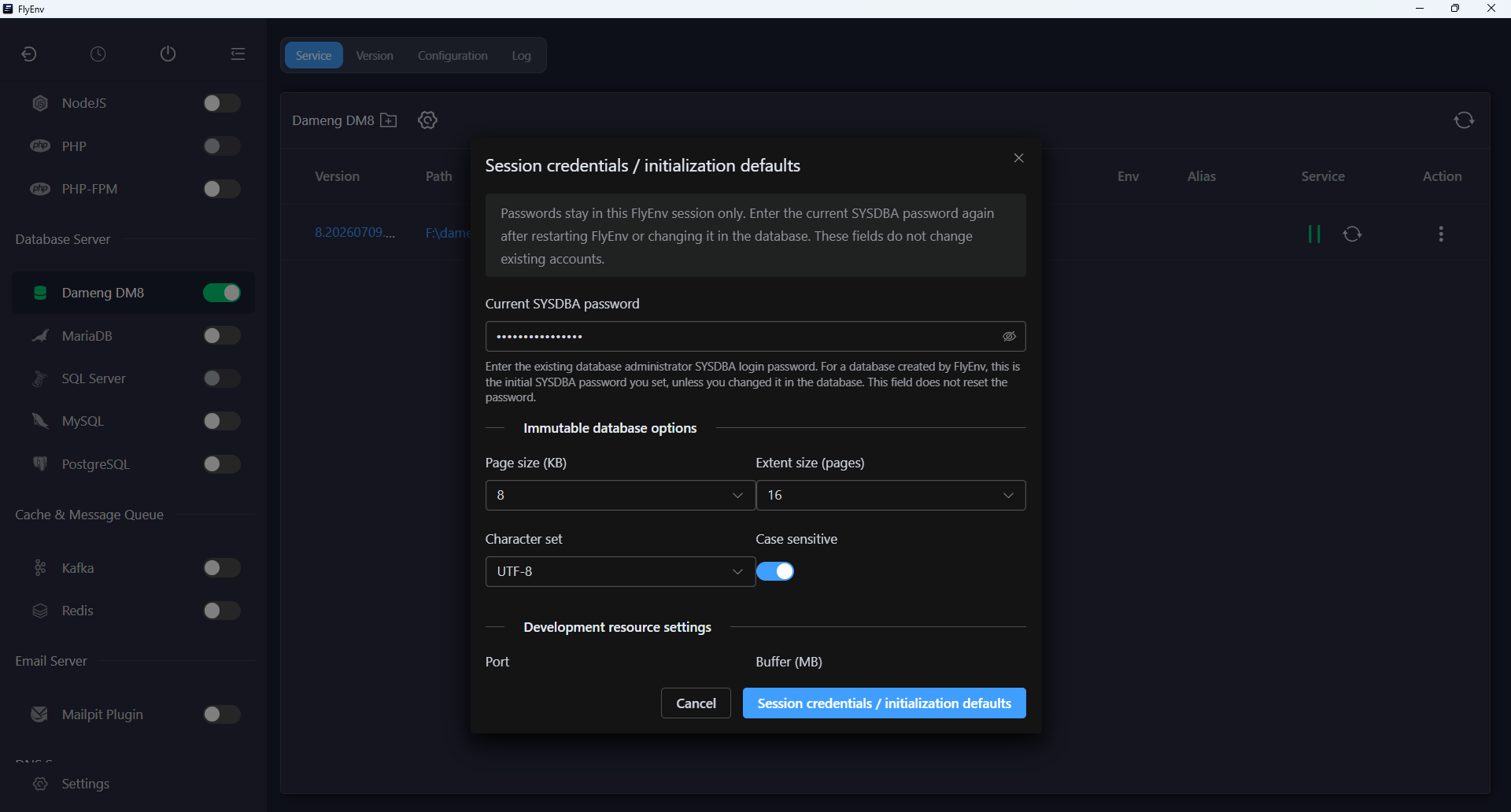 Dameng DM8 session credentials and initialization defaults dialog