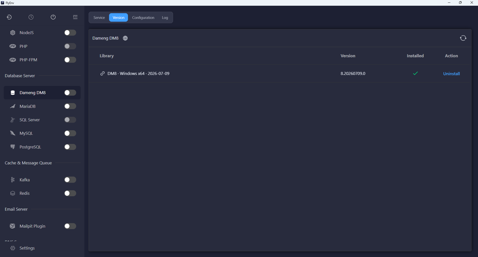 Dameng DM8 Version Manager showing an installed Windows x64 release