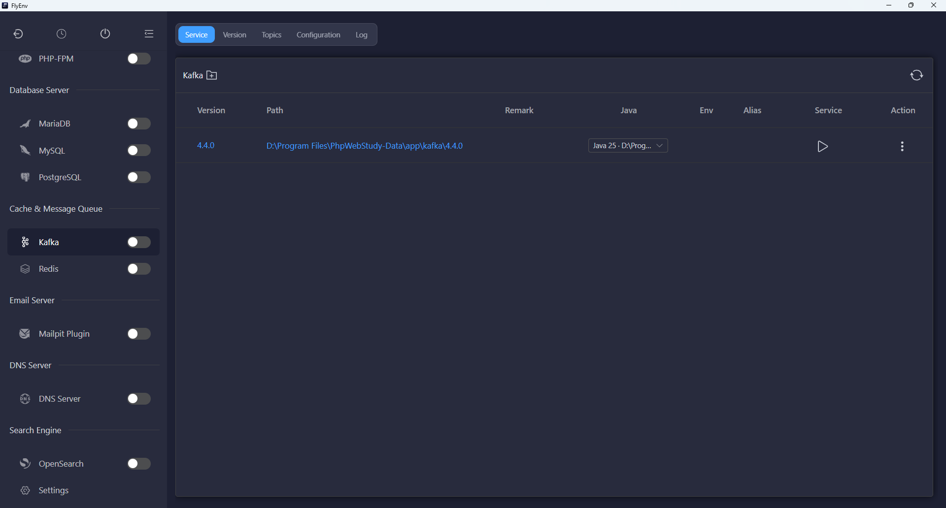 Tab Service Kafka với một broker đã cài, bộ chọn runtime Java và nút khởi động