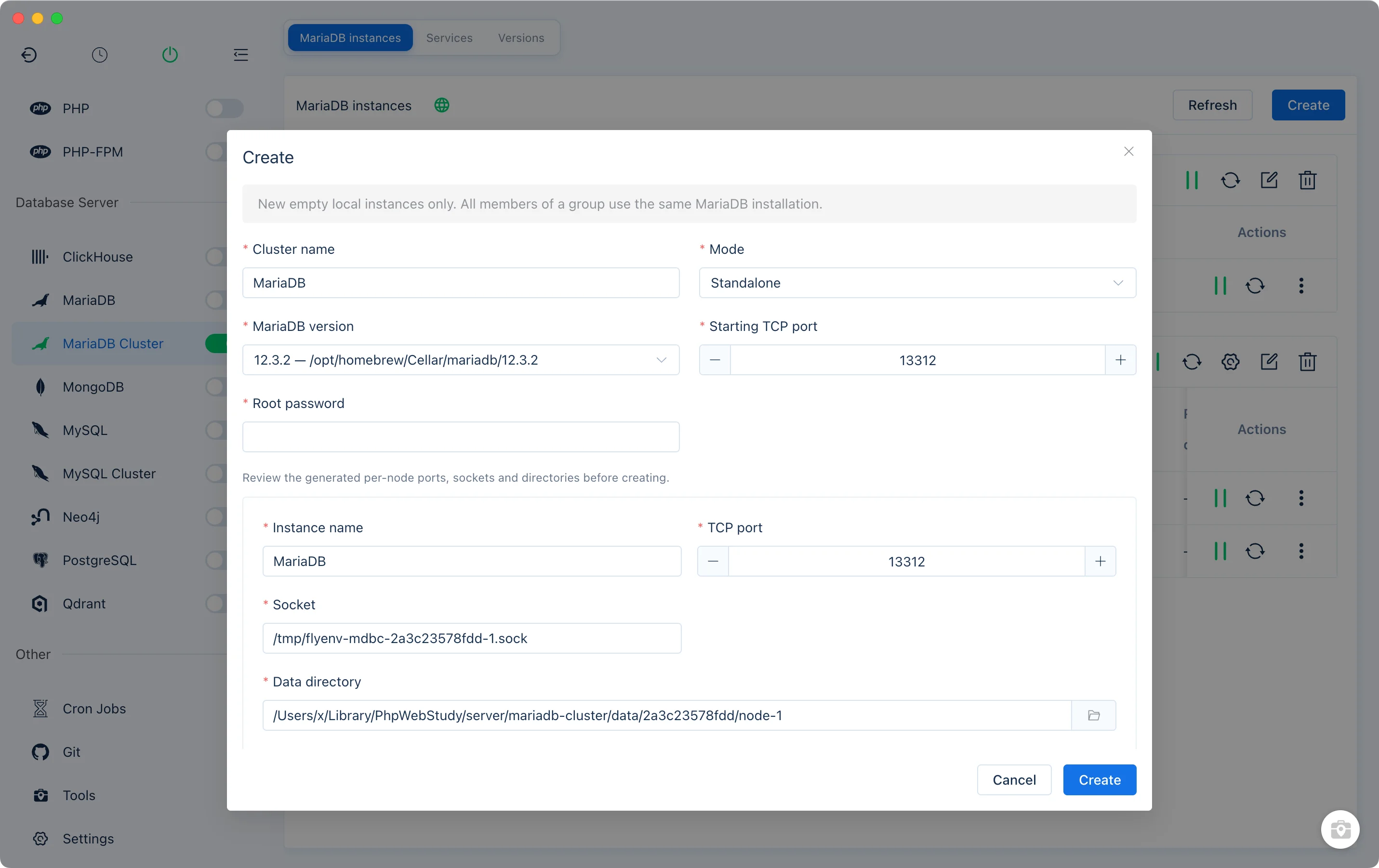 Creación de una instancia MariaDB independiente con versión, contraseña de root y ajustes de la instancia