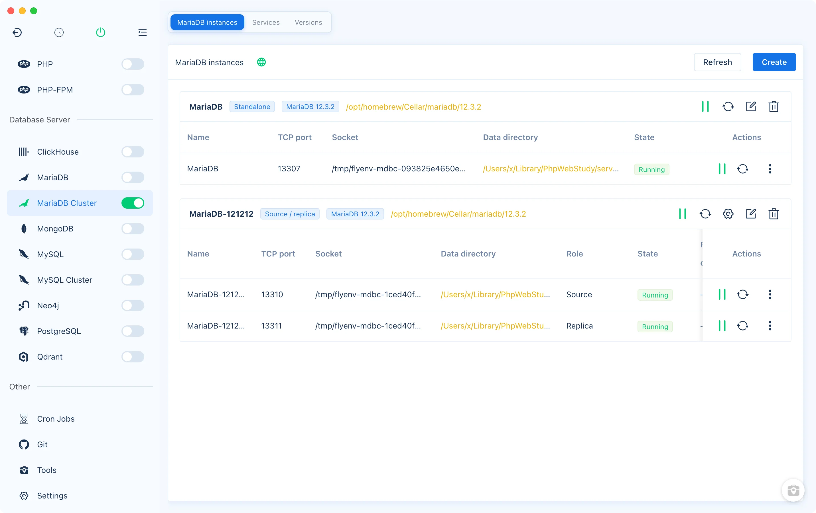 Lista de MariaDB Cluster con una base de datos independiente y un grupo de origen y réplica
