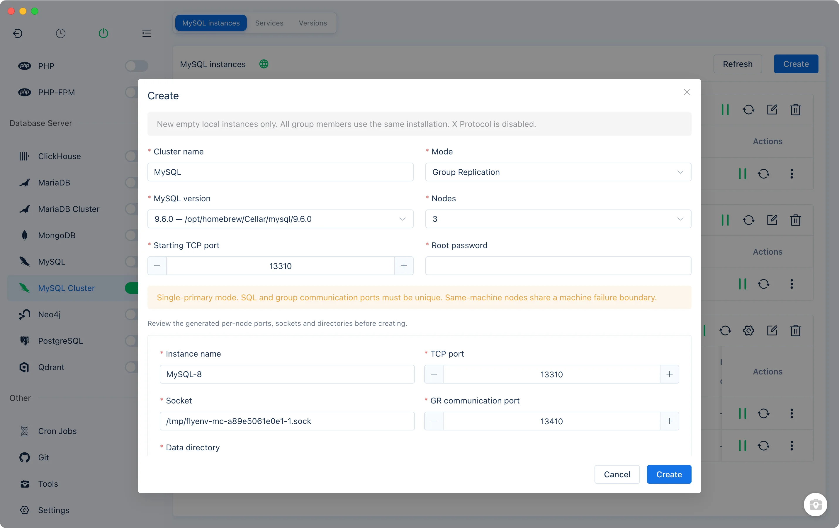 Formulir MySQL Group Replication dengan jumlah node serta port SQL dan komunikasi GR yang terpisah