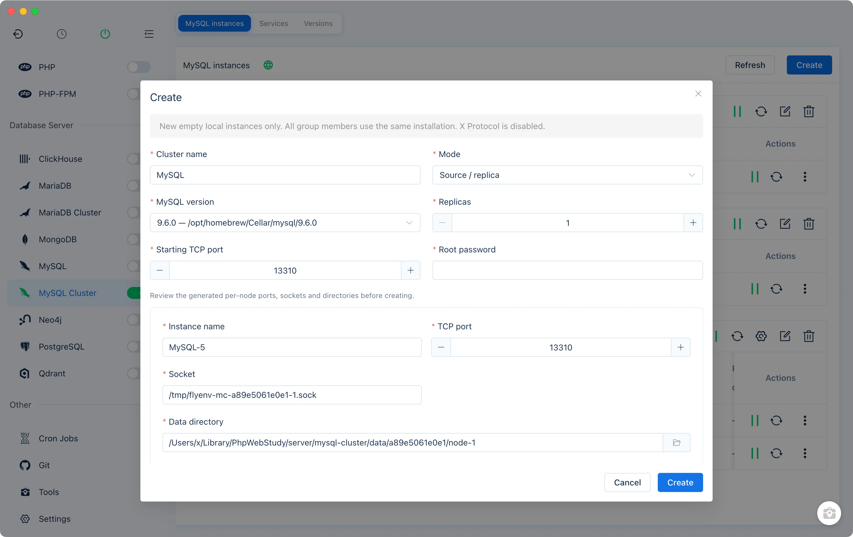 Formulir replikasi MySQL source/replica dengan jumlah replika dan pengaturan koneksi setiap anggota