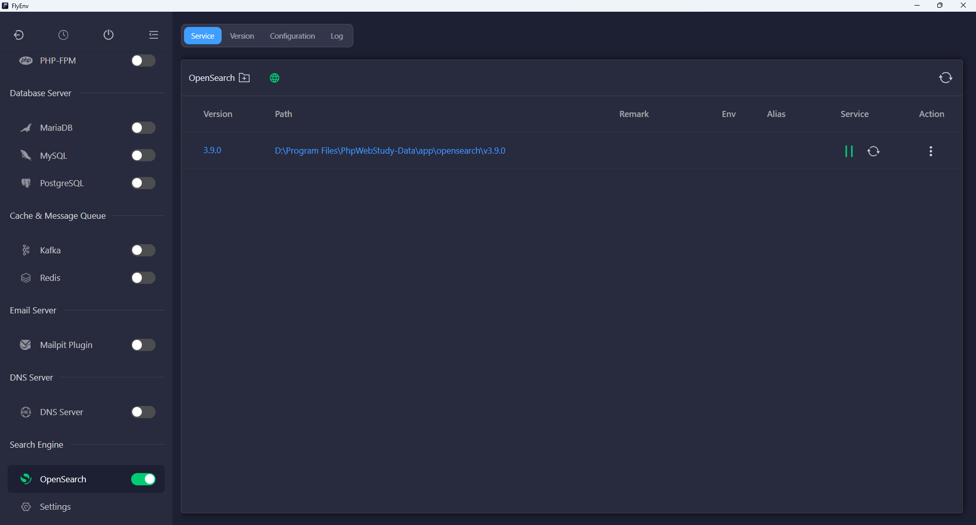 Tab Service OpenSearch hiển thị một instance local đang chạy và các điều khiển dịch vụ
