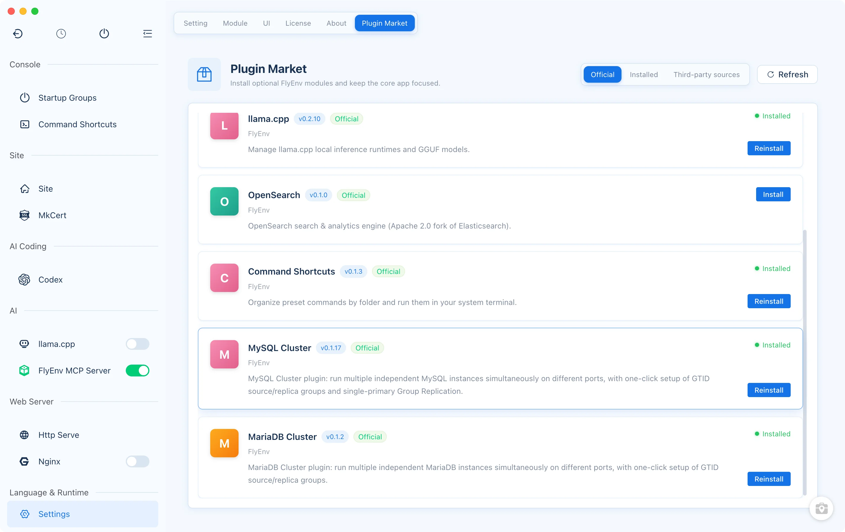 Plugin Market FlyEnv liệt kê MySQL Cluster và MariaDB Cluster cạnh các plugin chính thức khác