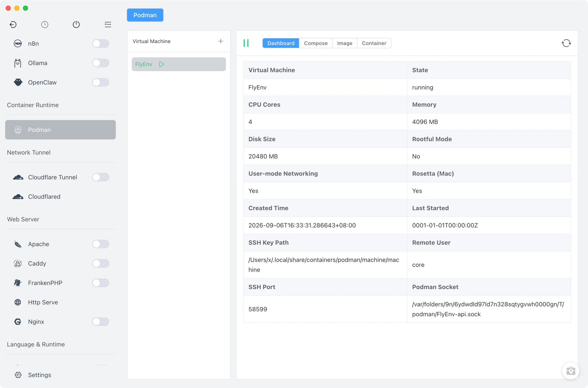 FlyEnv Podman module overview with machine list