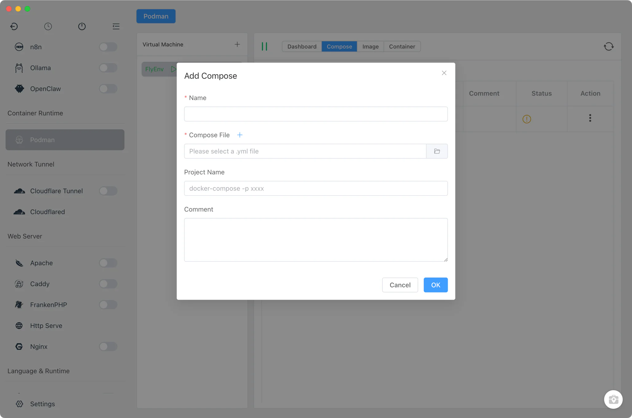 Compose Build generator with per-service stack forms