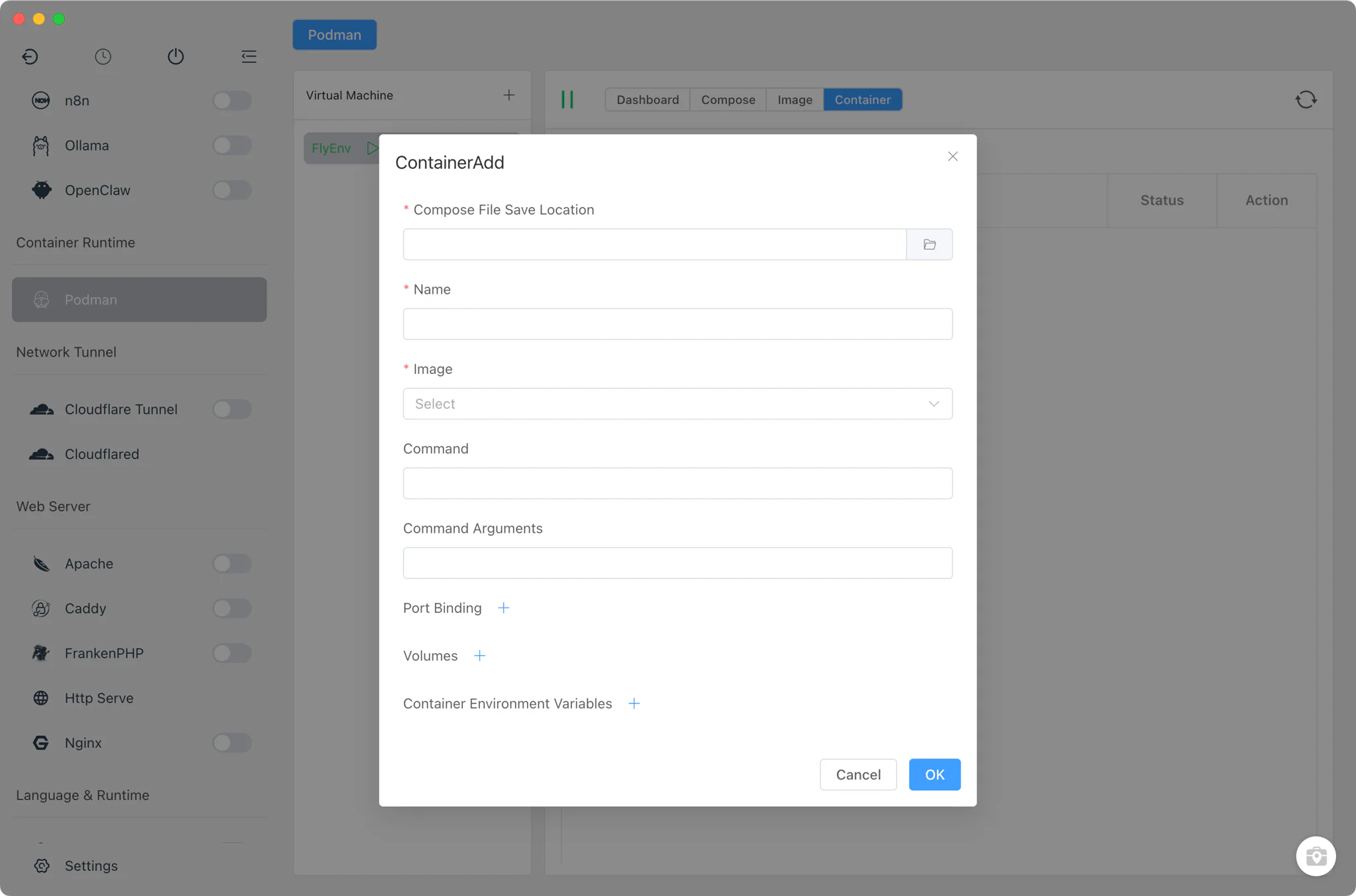 Container list with inspect and terminal exec actions