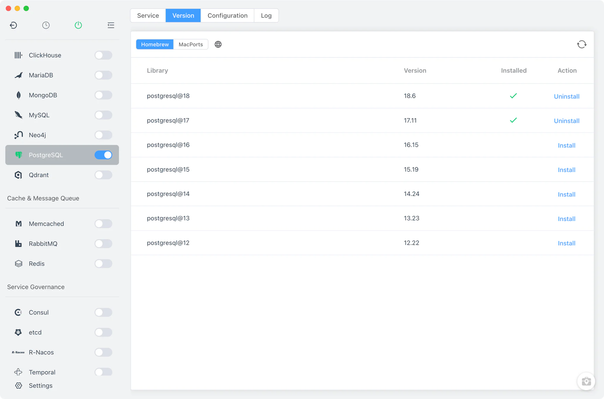 Manajer Versi PostgreSQL dengan sumber pemasangan