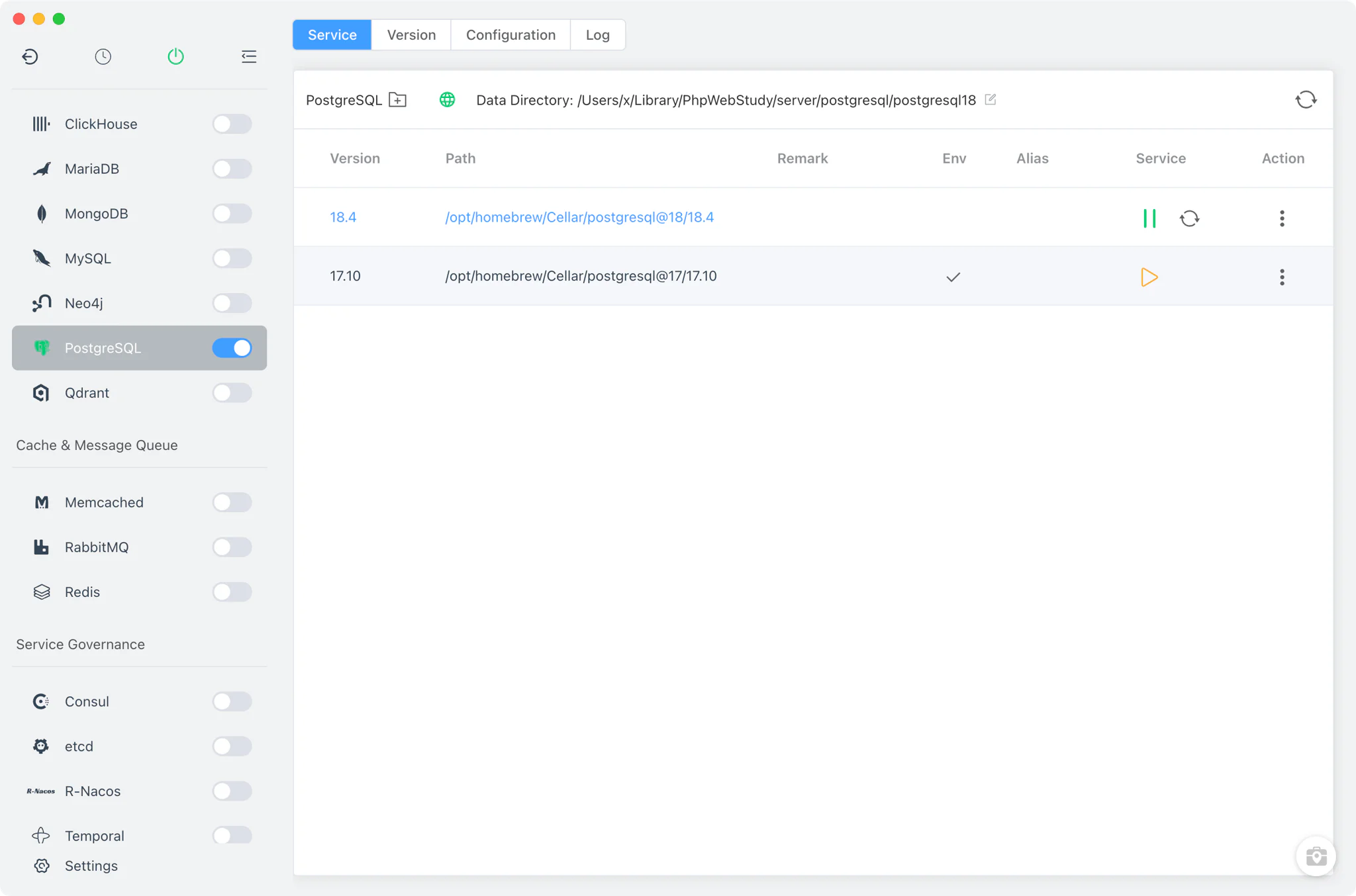 Tab Layanan PostgreSQL dengan direktori data yang dapat disunting