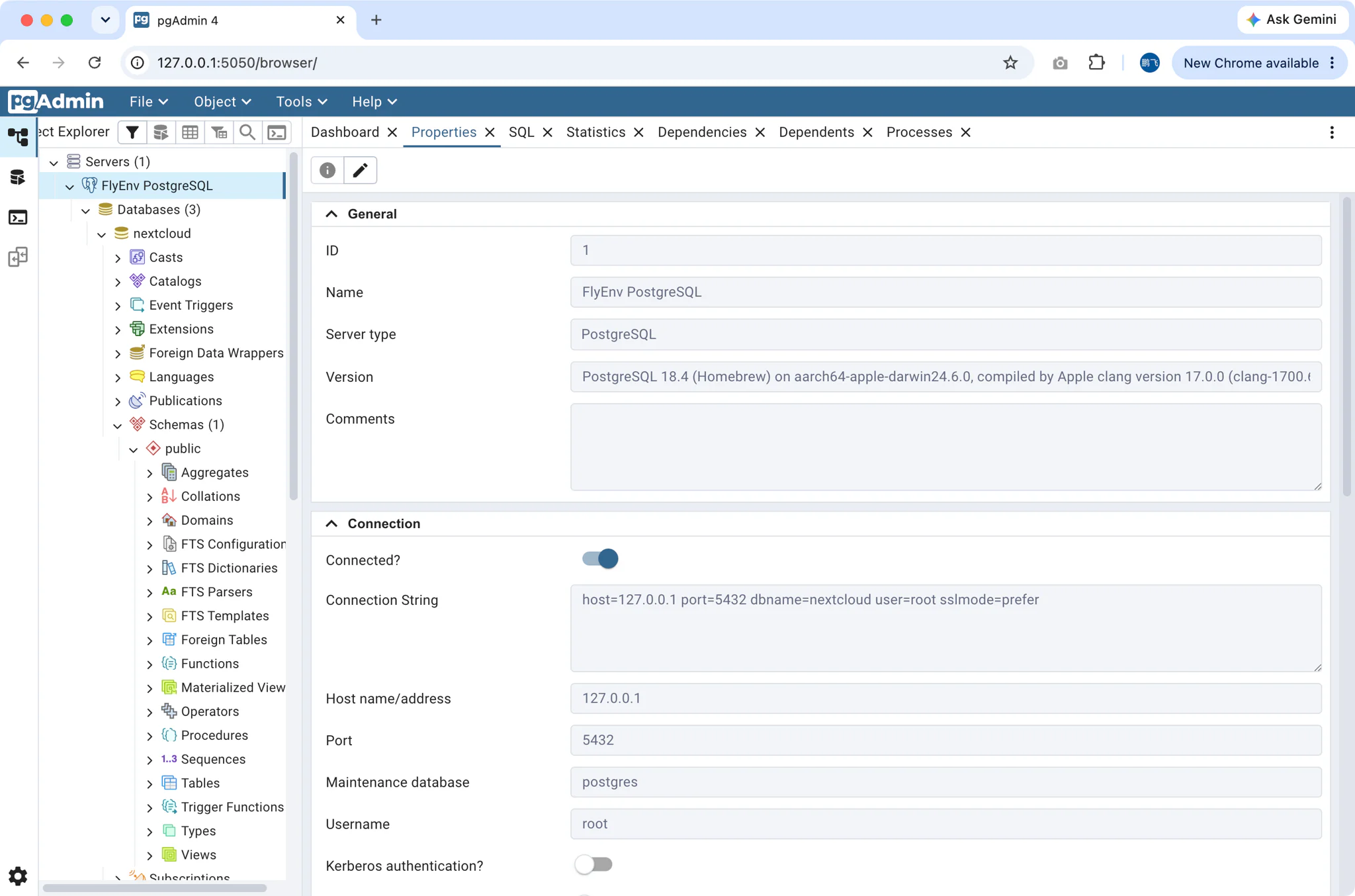 Konsol web pgAdmin 4 yang diluncurkan dari FlyEnv